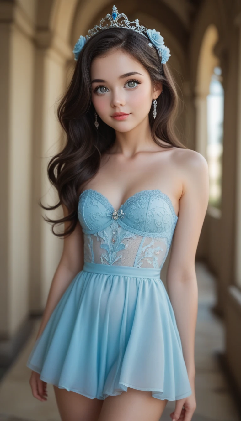 Sexy woman posing gracefully in a chiffon off-shoulder bustier, paired with an elegant skirt. With cute girls