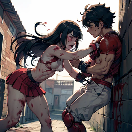 two person face to face. a male streetfighter is punching a crying female streetfighter's cheek in the backstreet. Her expression is sad. a bloody beautiful Japanese female fighter is being beating terribly by a male fighter. She is cornered and has her back against the wall. Blood is dripping from her nose. She is covered in scars and bruises. she is damaged terribry. Short-cut black hair, out of breath, drooling from mouth, one eye closd, crying, exhausted, drenched in sweat. Erect nipples. open finger glove. Tattered sports bra and denim shorts