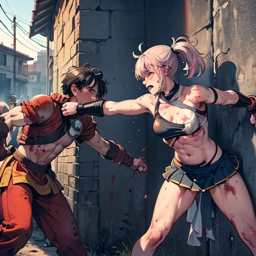 Two beautiful young battle slaves are killing each other with their fists in an ancient Roman coliseum. She is covered in blood. Covered in scars. Covered in sweat. Short of breath. Muscular. Thinly clad. Erect nipples. Bandages on her knuckles.
