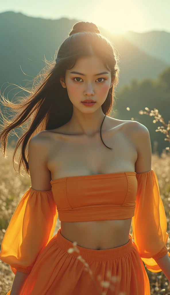 (Best quality, 8k, 32k, Masterpiece, UHD:1.2), NSFW, Big naked size 5 of a Japanese girl, Maxi Dress, no bra, outdoor, high noon, front lit, well-lit face, high speed sync lighting, one light set up