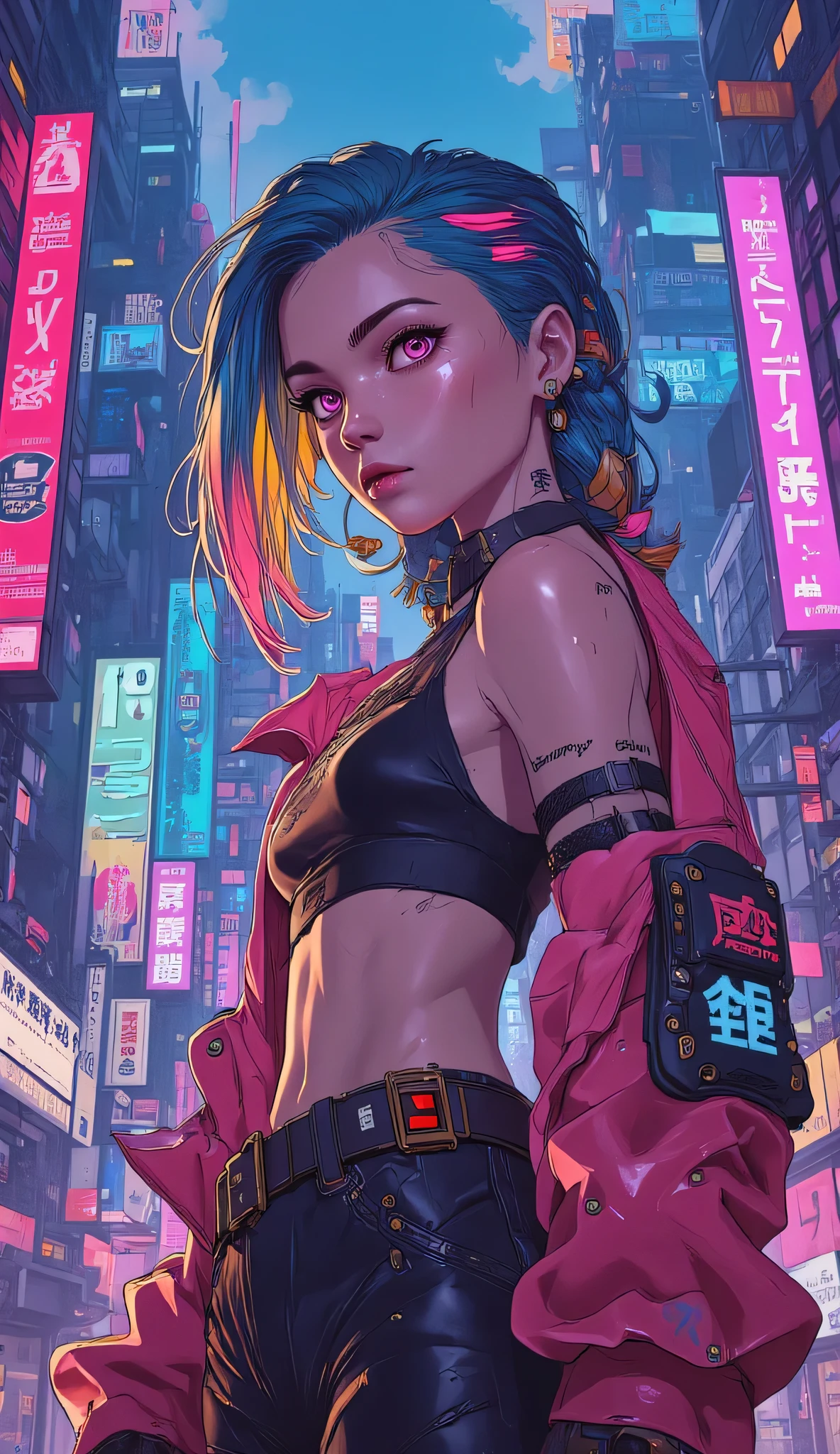 masterpiece, highest quality, jinx arcane Cyberpunk girl, Pop costumes inspired by Harajuku, Bold colors and patterns, eye-catching accessories, Trendy and innovative hairstyles, bright makeup, Cyberpunk dazzling cityscape, yellow is noticeable,skyscraper, neon sign, led lights, Bright and vivid color scheme, anime, figure, fine skin texture, fine cloth texture, beautiful detailed face, intricate details, Super detailed. japanese poster  , nft 
