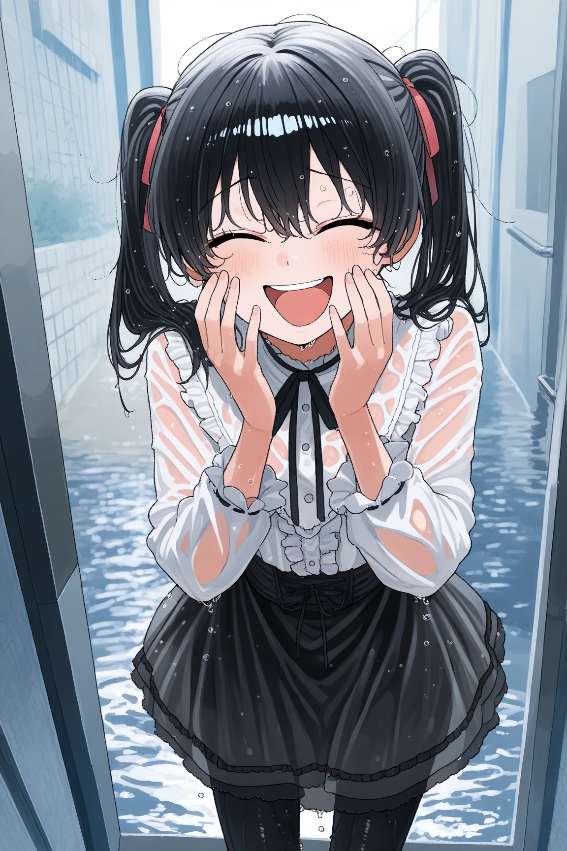 nsfw,(super fine illustration,8K CG wallpaper,best quality,extremely detailed,ultra high res,best aesthetic),(cowboy shot,from front), Anime girl idolmaster, {{{rin sibuya}}}, (16yo, beautiful girl, cute girl), (beautiful blue eyes), (beautiful black hair), ((long straight hair)), (wet hair), (wet skin), (sweat),(flat chests, midium breasts), (black rim glasses), (highschool girl uniform), (wet, sweat:1.8), in the cafe, bukkake,semen, (cum on hair:1.9), (cum on face:1.9), (cum on body:1.9), (((eat chocolate))), (eat semen), ((a big smile)), (open mouths), (smile), (tentades), (stick out tongue), (feel good), (blush), (steam),