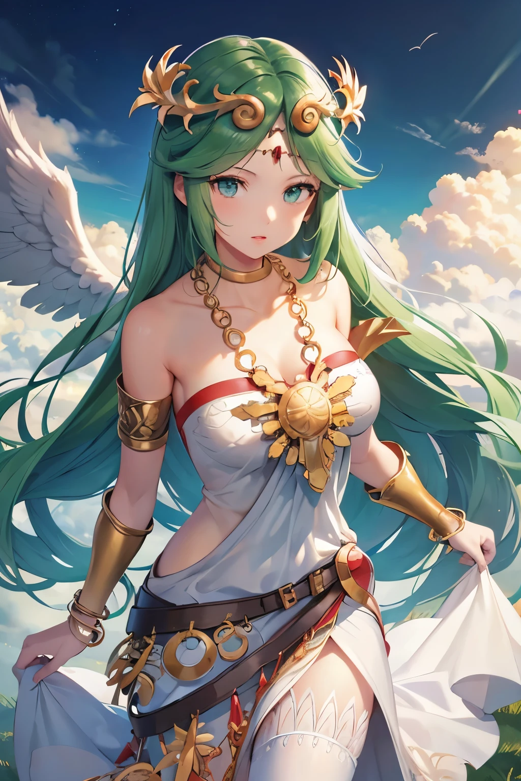 (8k, raw photo, masterpiece, extremely detailed, best quality, professional lighting, high res), BREAK beautiful and adorable girl, adorable, cute, , goddess, hmpa1, palutena, parted bangs, tiara, large breasts, necklace, bare shoulders, strapless dress, vambraces, belt, white dress, white thighhighs, single thighhigh, green hair, long hair, palutena mature_female, jewelry, very long hair, dress, bare shoulders, tiara, green eyes, necklace, strapless, strapless dress, white dress, armlet, large breasts, wide hips, toned, curvy, neck ring, laurel crown, thighhighs, parted bangs, vambraces, bangs, side slit, gold, forehead jewel, pendant, white thighhighs, belt, cleavage, collarbone, bracelet, bracer, long dress, circlet, gem, lips, BREAK (sky world, above the sky, above the clouds, god's world, clouds ground, heaven, angel land, sky, clouds, outdoor:1.5)