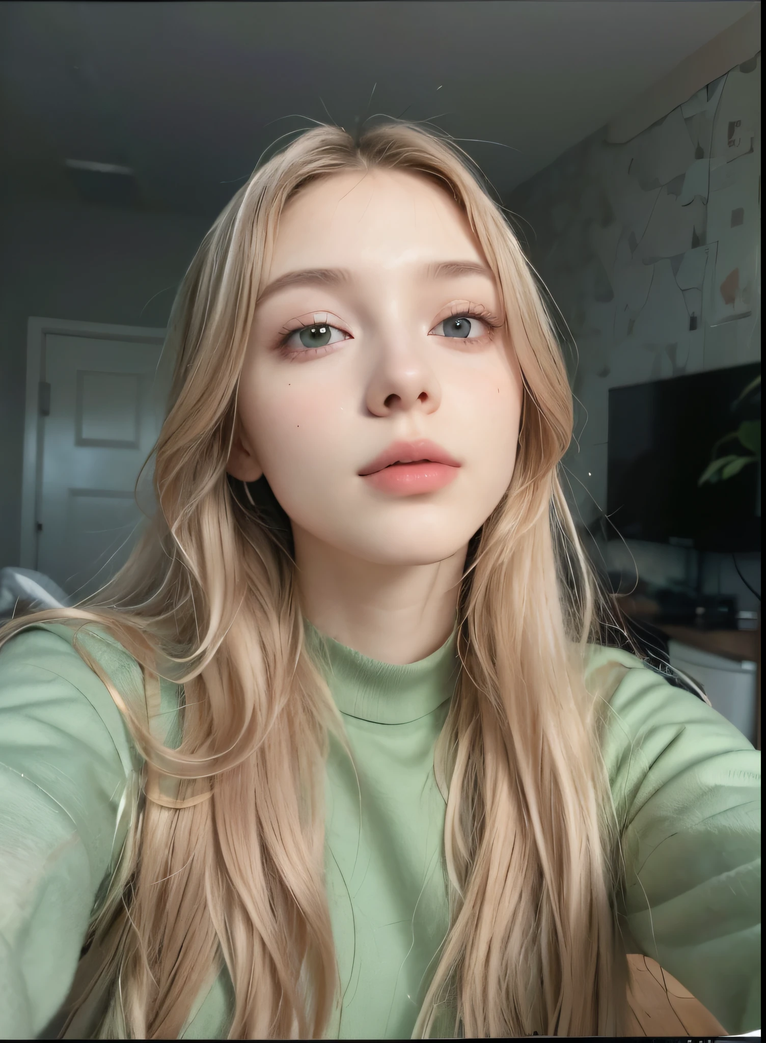 (masterpiece:1.2, best quality, photo of beautiful female, Russian girl, 30yo, Photorealistic, Hyperrealistic, Hyperdetailed) , analog style, low cut, detailed skin, White skin, soft pink lighting, subsurface scattering, realistic, pink lips, masterpiece, best quality, ultra realistic, 8k, golden ratio, Intricate, High Detail, film photography, soft focus, hands behind head, long blonde hair, green eyes, green clothes