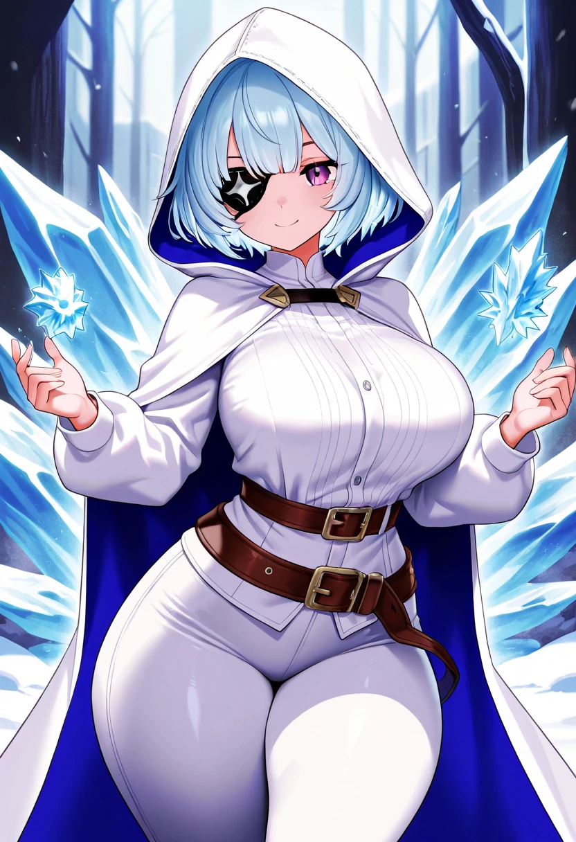 ((Ashe)), (League), Freljord, Summoner's Rift, Riot Games, League of Legends, Frost Archer, (gold and blue trim clothes), (white hair), (blue cape), (blue hood), (blue miniskirt), (blue stockings), (exposed thighs), (gold trimmed clothes), (gauntlets), snow, mountains, cold, sexy, wearing a ((big diaper)), (big breasts), (wide hips), grinning, (mommydom)
