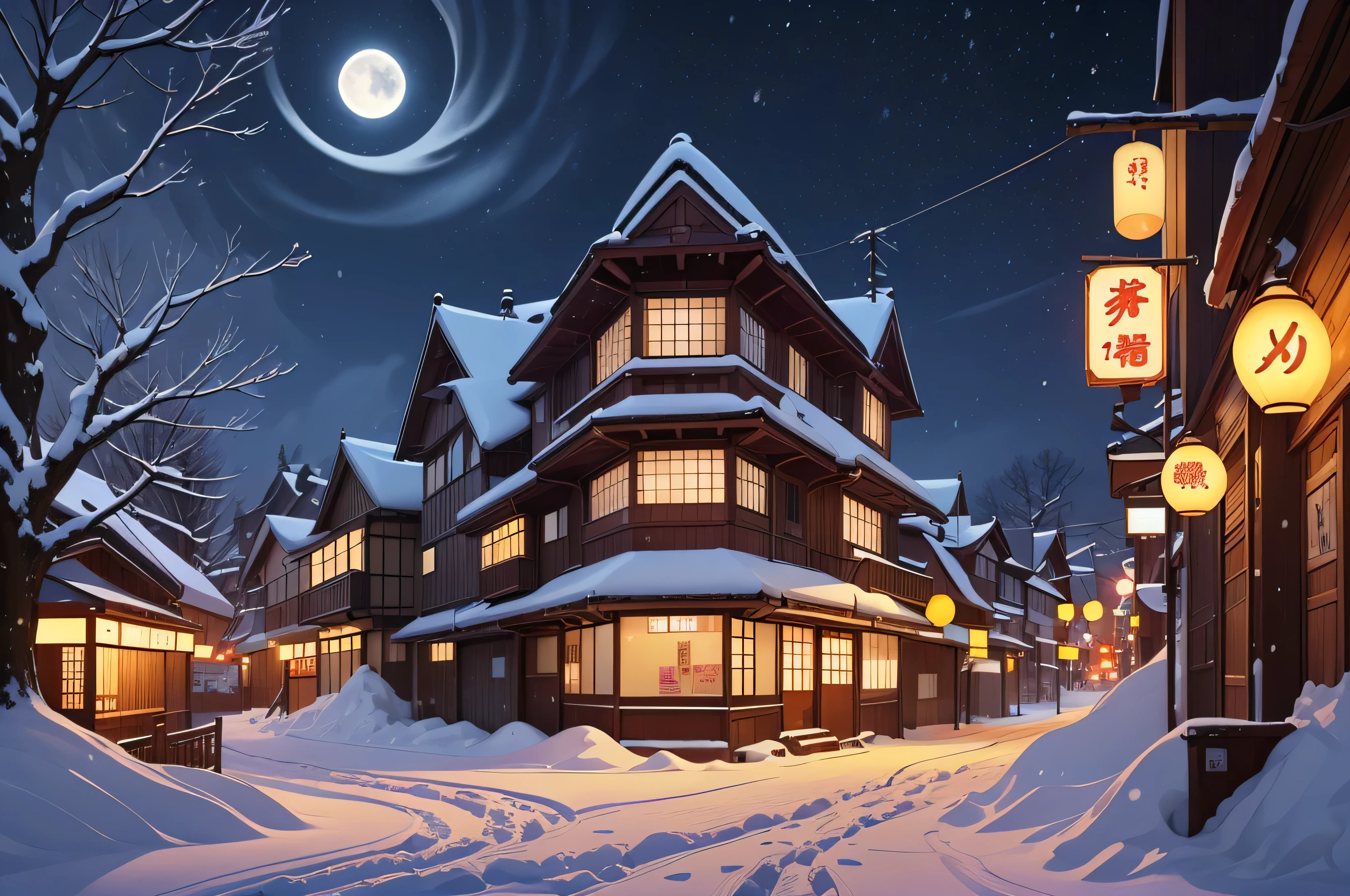 Snowy Night scene of a street with a building and a street light, Paintings inspired by Kawase Hasui, Planets with tendencies, ukiyo-e, city  snows with a lot of snow, , Snowy Night,  snows, Nighttime snowfall , heavy winter aesthetics , ❤🔥🍄🌪,  Japanese cities , moonlight  snows