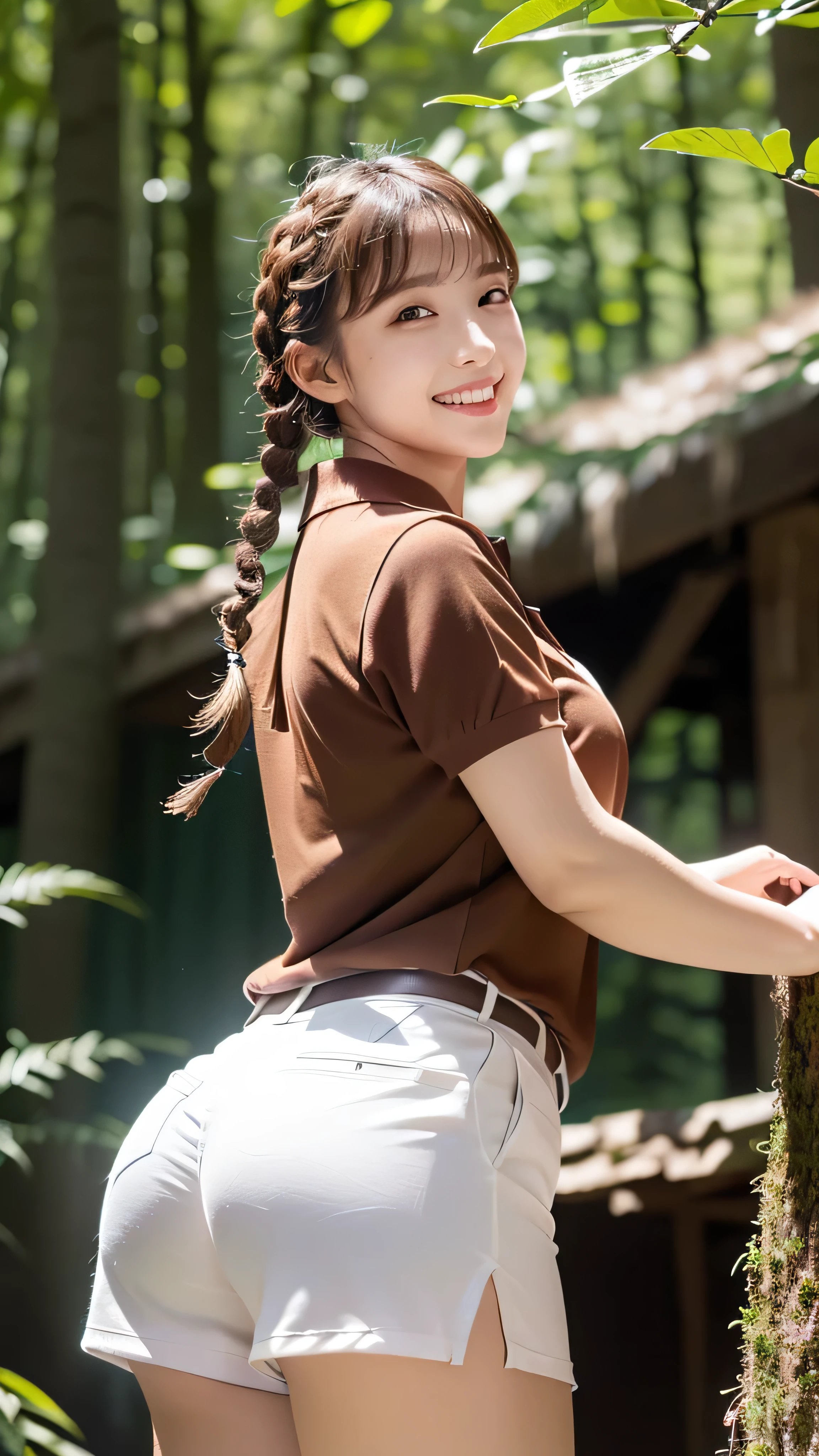 realistic, Masterpiece, best quality , Highest Resolution , high detail, professional lighting , film particles , the background is blurry , (White and brown wavy hair , braids , Center parted short hair :1.3), ( polo shirt in the den、 hotpants:1.3), (Summer Forest:1.3), ( low angle:1.3), showing small teeth and smiling