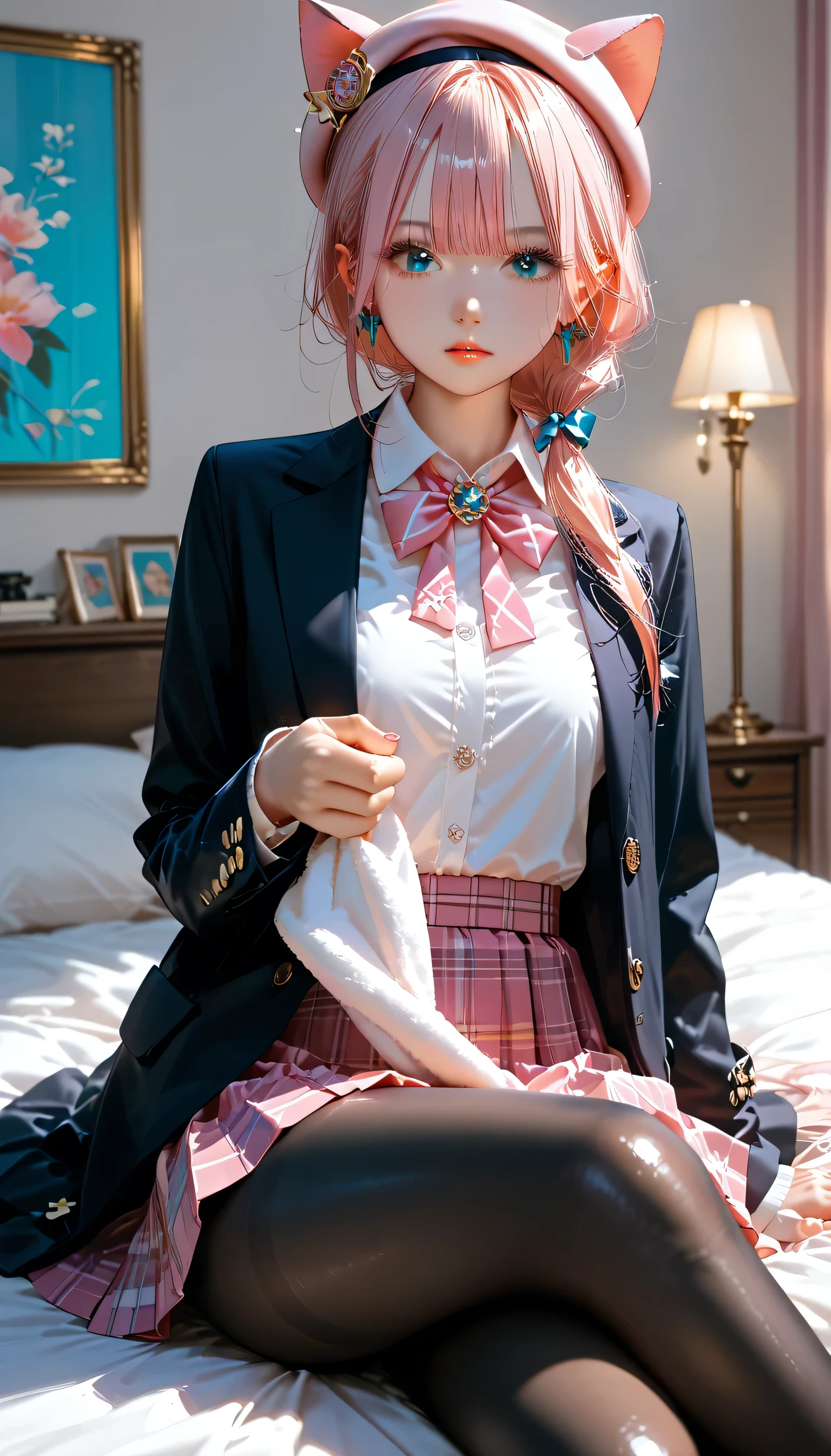 High School Girl Blazer、 uniform、Red checked skirt、JK Style、Jacket、smile、Knee-high socks、Thigh-high socks、pantyhose、Great beauty、So cute、Malaise、Rare beauty、Twin tail hair、Black dark eyeshadow、sad、Good skin radiance、Straightening iron for long hair、Dark Gothic Makeup、Dark smile、The beauty of fragrance、Stained Glass Background、masterpiece、highest quality、See 5 books、Sweat glistening on my chest、Sweat glistening on the face、Mid-chest、濃いPink Hair、Age: 22、Slightly slim、Playing the piano、sit and play an instrument、Mysterious look、Sad look、Pink Hair、mysterious gothic church、enchanting castle、Sweating profusely all over the body、Lots of sweat on thighs and light、Shiny thighs、There is a lot of sweat glistening on my thighs、Copious sweat glistens on the thighs、Sweating profusely、Gal、Small breasts、The Face of Japan、Captivating look、The thighs are a little thin、Above-the-knee skirt、