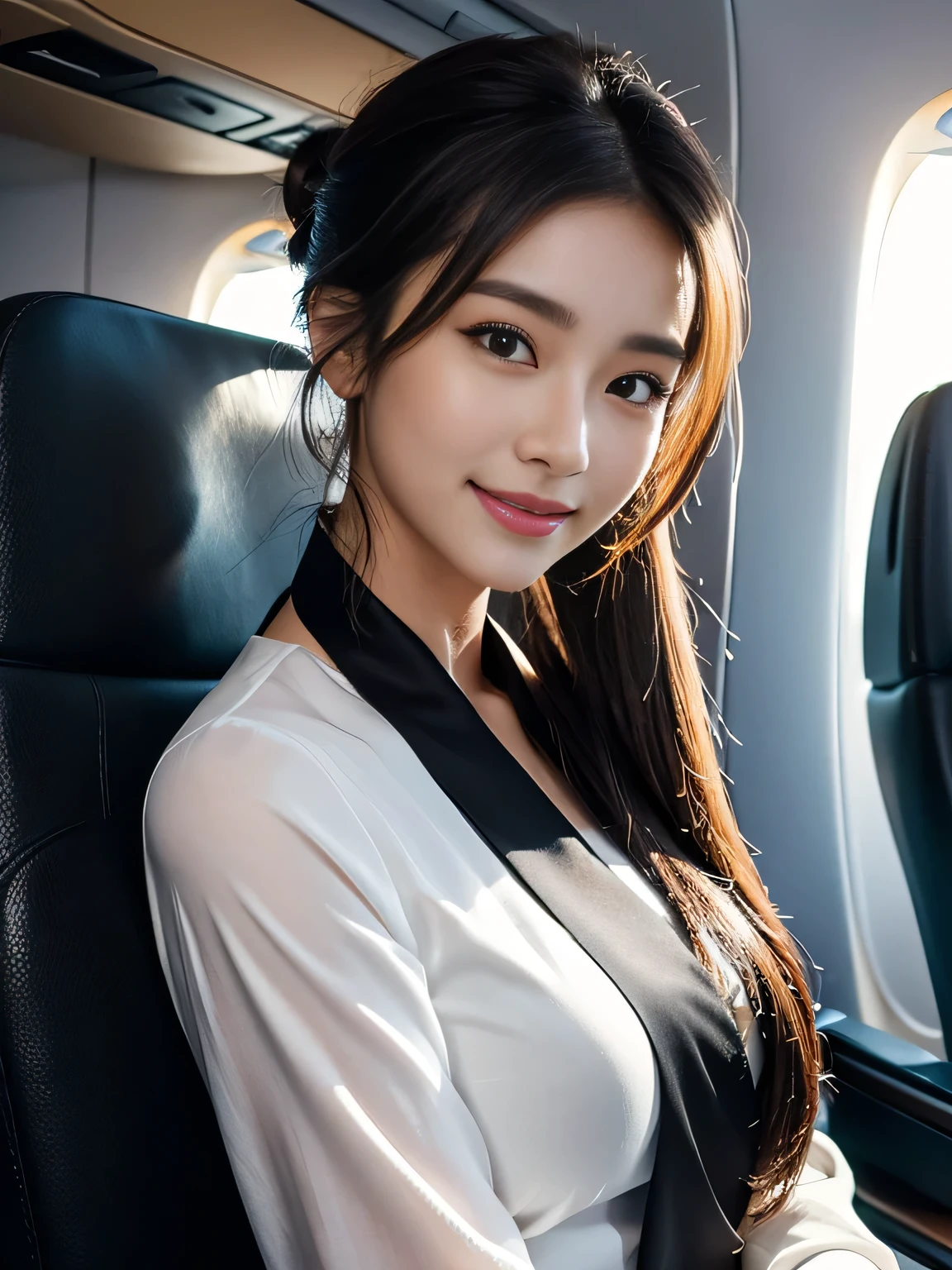 (Realistic, Photorealistic: 1.37), (masutepiece, Best Quality: 1.2), (超A high resolution: 1.2), (Raw photo: 1.2), (Sharp Focus: 1.3), (Face Focus: 1.2), (Ultra detailed CG unified 8k wallpaper: 1.2), (Beautiful skin: 1.2), (pale skin: 1.3), (hyper-sharp focus: 1.5), (Ultra Sharp Focus: 1.5), ( Beautiful pretty face: 1.3), (hyper detailed background, Detail Background: 1.3), Bokeh, depth of fields, BREAK, Photo of a very cute and beautiful Japanese female flight attendant, (Cabin Crew), professional attire, (22 years old: 1.1), Portrait of a girl with a bright smile, Upper body image, When viewed from the front, The composition is symmetrical, (On board the plane: 1.3), (standing inside the airplane: 1.3), ( (looking straight at you), BREAK, (Glossy dark brown medium hair: 1.2), dark brown eyes, Beautiful eyes, Princess Eyes, ((Brown hair:1.3)), Single hair, Bangs, hair between eye, Long hair, curby, (medium breasts;1.3), (Detailed beautiful girl: 1.4), (Bare shoulder, Chest squeezed together, View Viewer, ((White blouse with deep neckline and black tight skirt:1.3)), Solo, Parted lips, Red lips, (Shiny skin), Sweat, (Detailed airplane interior view:1.5, Simple background), (light seductive smile:1.25), ((Perfect female body)), (Upper body image:1.3), Frame the head, Perfect Anatomy, Perfect proportions, 8.5 life-size, Face Focus, hyper realistic photography, Hyper Sharp Image, Hyper Detail Image,(long), (((Nipple protrusion:1.3))),