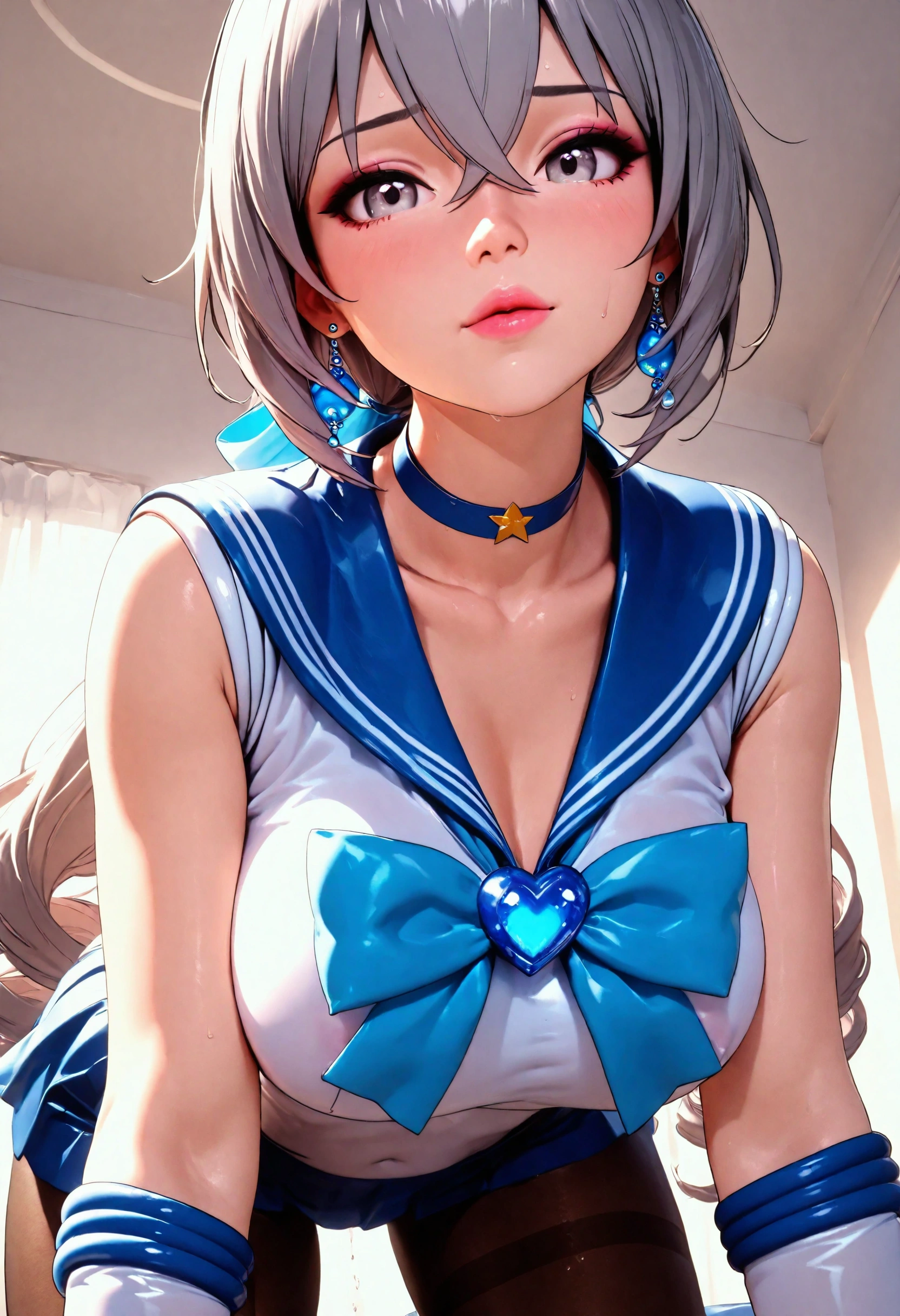Masterpiece、最high quality、high quality、High definition、High resolution、High detail、Lens flare、Ray Tracing、high qualityのテクスチャー、high qualityの影、Beautiful details、Detailed explanation、Detailed texture、Realistic facial expression、Realistic and colorful、Slender、Cinematic Light、Side light、Sharp Focus、(1 Girl:1.3)、(Intricate detailakeup、Pure Eros Face_v1:0.5)、(Details Beautiful delicate face、Detailed beautiful delicate eyes、Perfect Facial Proportions、Detailed skin、Charm)、Frustrated expression、Fancy Twin Tails、Beautiful bangs、(Two-tone gradient hair color)、slender、(Upturned beautiful breasts)、(Detailed crotch、Open crotch、Showing off your crotch)、Female juice、Experiencing the best orgasm、(Spread your knees and open your legs)、(Raise your arm and make a peace sign)、White front opening shirt、Crop top、Thighini skirt、Flip up、High slit、Sailor suit、socks、boots、Low-angle composition、Small room、(Take a deep breath、Work on this image step by step)