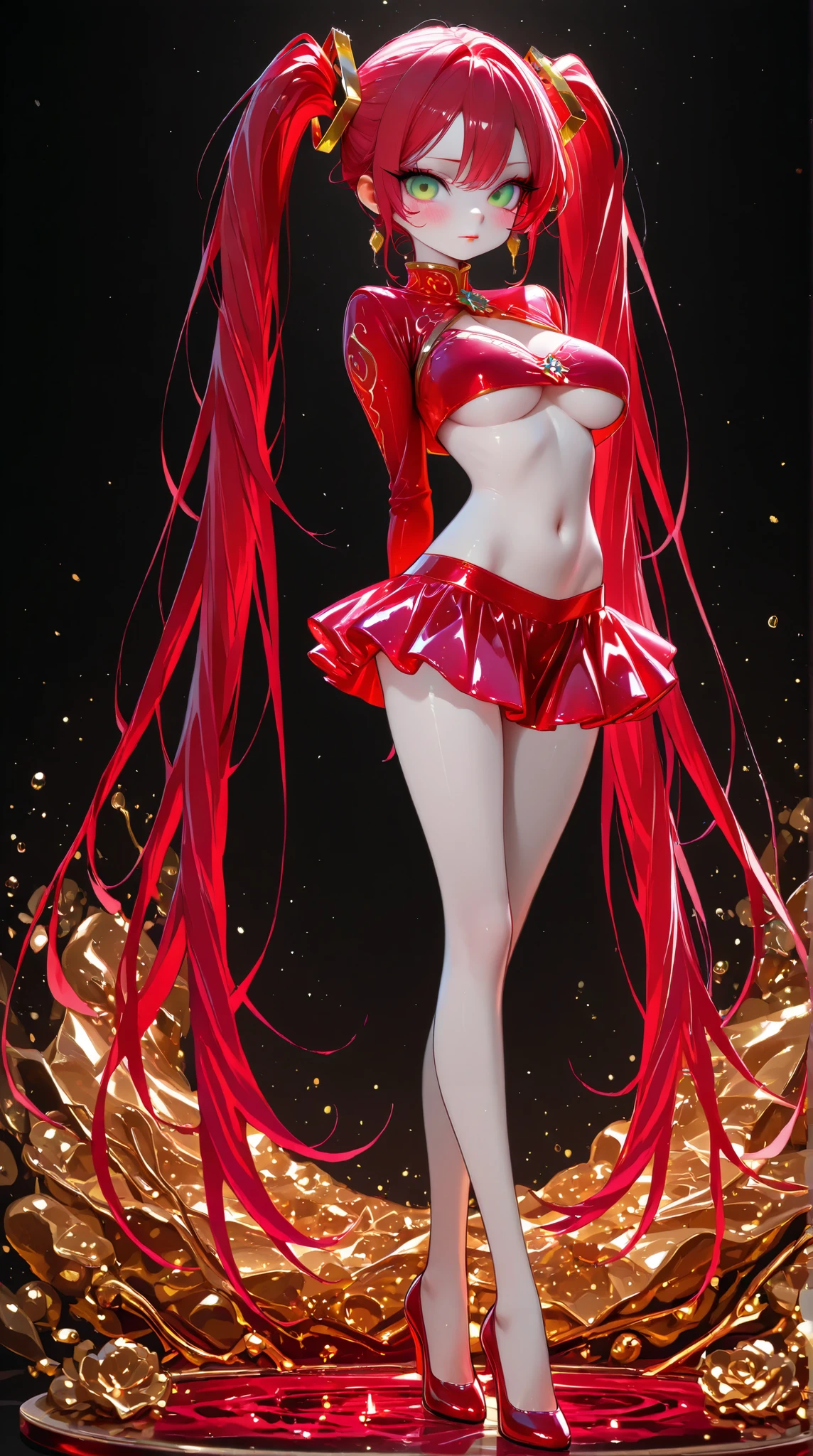 Surreal and cinematic picture of a young asian, slim fit young girl, round face, full crimson lips, super slim waist, extremly long skinny legs, navel percing, big gold ear ring, blushing cheeks, very long straight dark ruby red hair, pale white skin, big green eyes, ulzzang, long eyelashes, wearing a tight, long-sleeved, crimson velvet crop top, crimson velvet mini skirt, black background, (arms behind back), cleavage, underboob, big breasts,