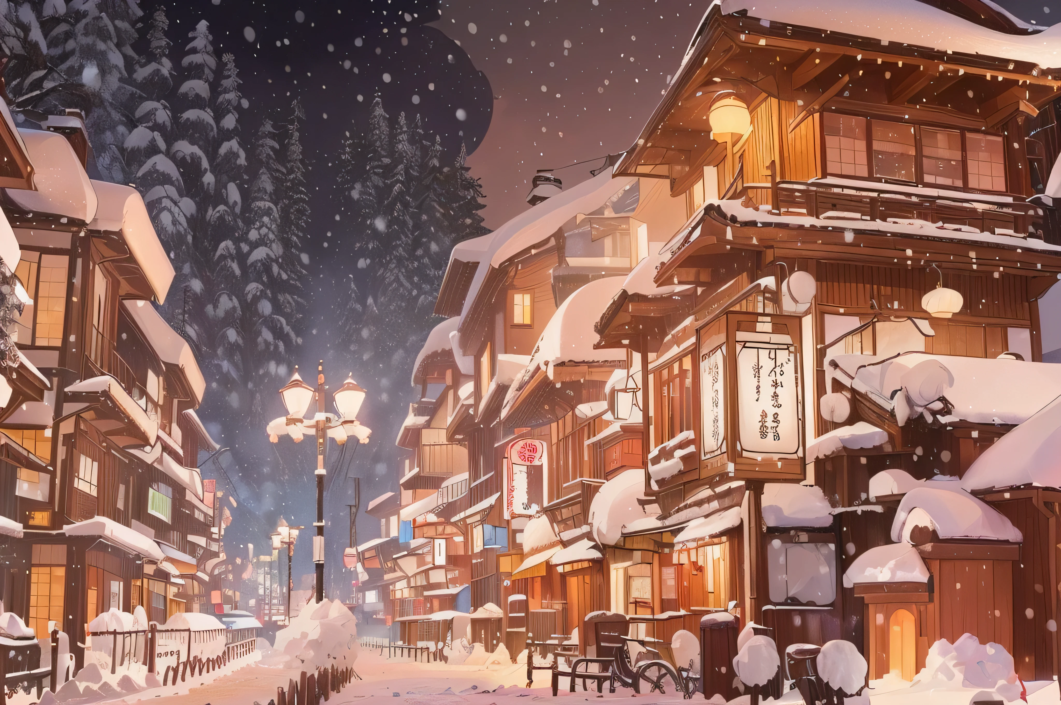 Snowy Night scene of a street with a building and a street light, city snows with a lot of snow, , Snowy Night, snows, Nighttime snowfall , Inspired by Kawase Hasui, Inspired by Kawase Hasui, heavy winter aesthetics , ❤🔥🍄🌪, Japanese cities , moonlight snows, in a at night, snowy winter