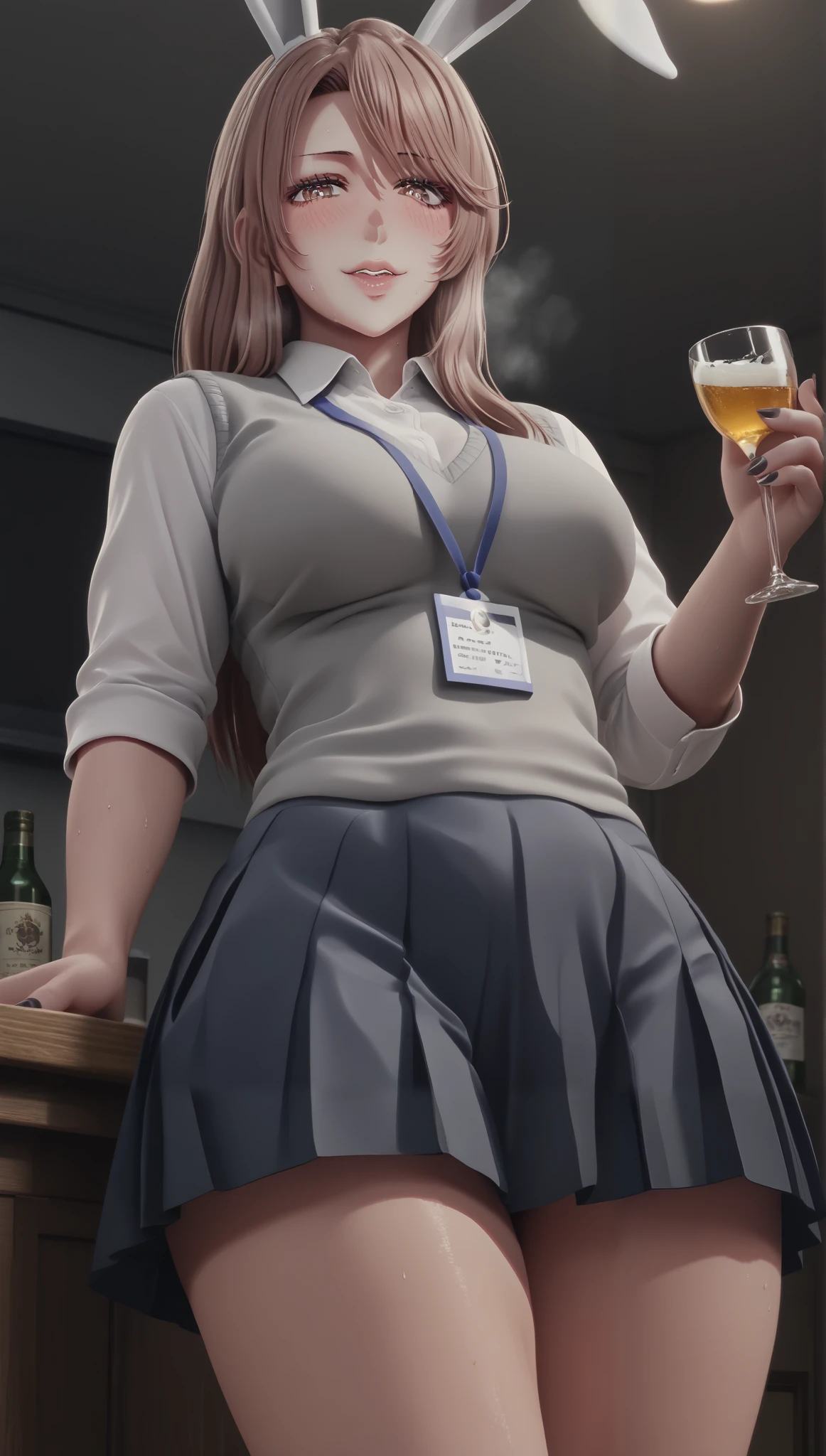score_9, score_8_up, score_7_up, uncensored, source_anime, miyako saitou, long hair, brown hair, brown eyes, Large breasts, 3d, cgi, (voluptuous:1.3), (thick:1.3), BREAK UHD, retina, masterpiece, accurate, anatomically correct, textured skin, super detail, high details, high quality, award winning, best quality, highres, 4K, black nails, makeup, eyelashes, excessive sweating, sweating, sweating drop, (gasping, heavy breathing:1.3), (skindentation:1.2), perfect eyes, beautiful eyes, eyelashes, makeup, detailed body, perfect body, BREAK, 1girl, breasts, solo, rabbit_ears, animal_ears, large breasts, (haunted house:1.2), fake_animal_ears, looking_at_viewer, smile, alcohol, thighs, blush, drinking_glass, blue_nails, cup, dutch_angle, bottle, parted_lips, from_below, nail_polish, cowboy_shot, thick_thighs, BREAK ruanyi1019, (collared shirt, grey skirt, pleated skirt, sweater vest, lanyard:1.3),