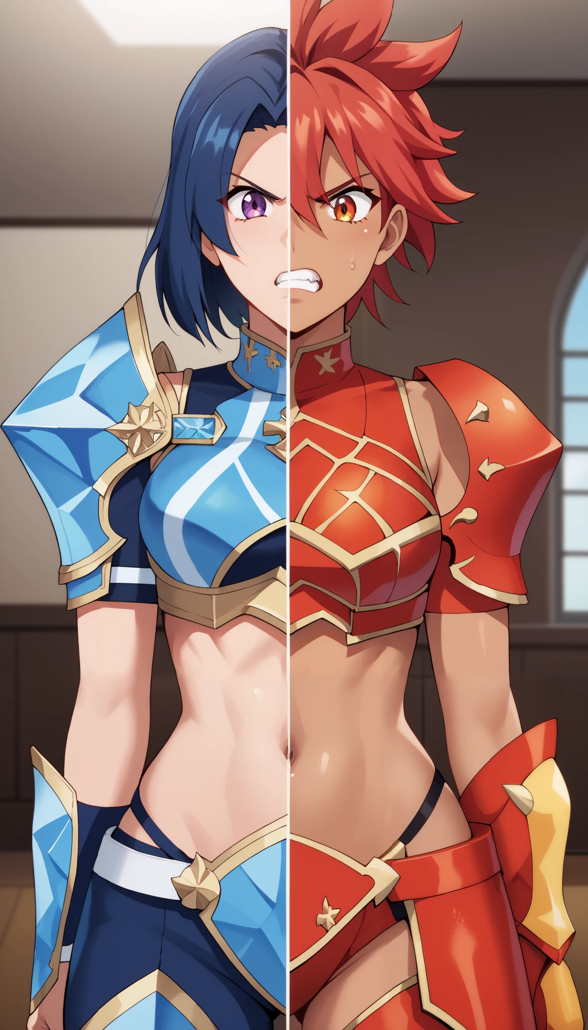 SplitScreen, split screen, line in the middle, masterpiece, best quality, indoors, 1girl, right side, Red hair, Orange eye, Red fire armor outfit, Yellow armored crop top, natural skin, Cleavage, navel, angry expression,
masterpiece, best quality, indoors, 1girl, left side, Blue hair, Violet Eye, Blue ice armor outfit, Dark blue armored crop top, honey skin, Cleavage, navel, angry expression,