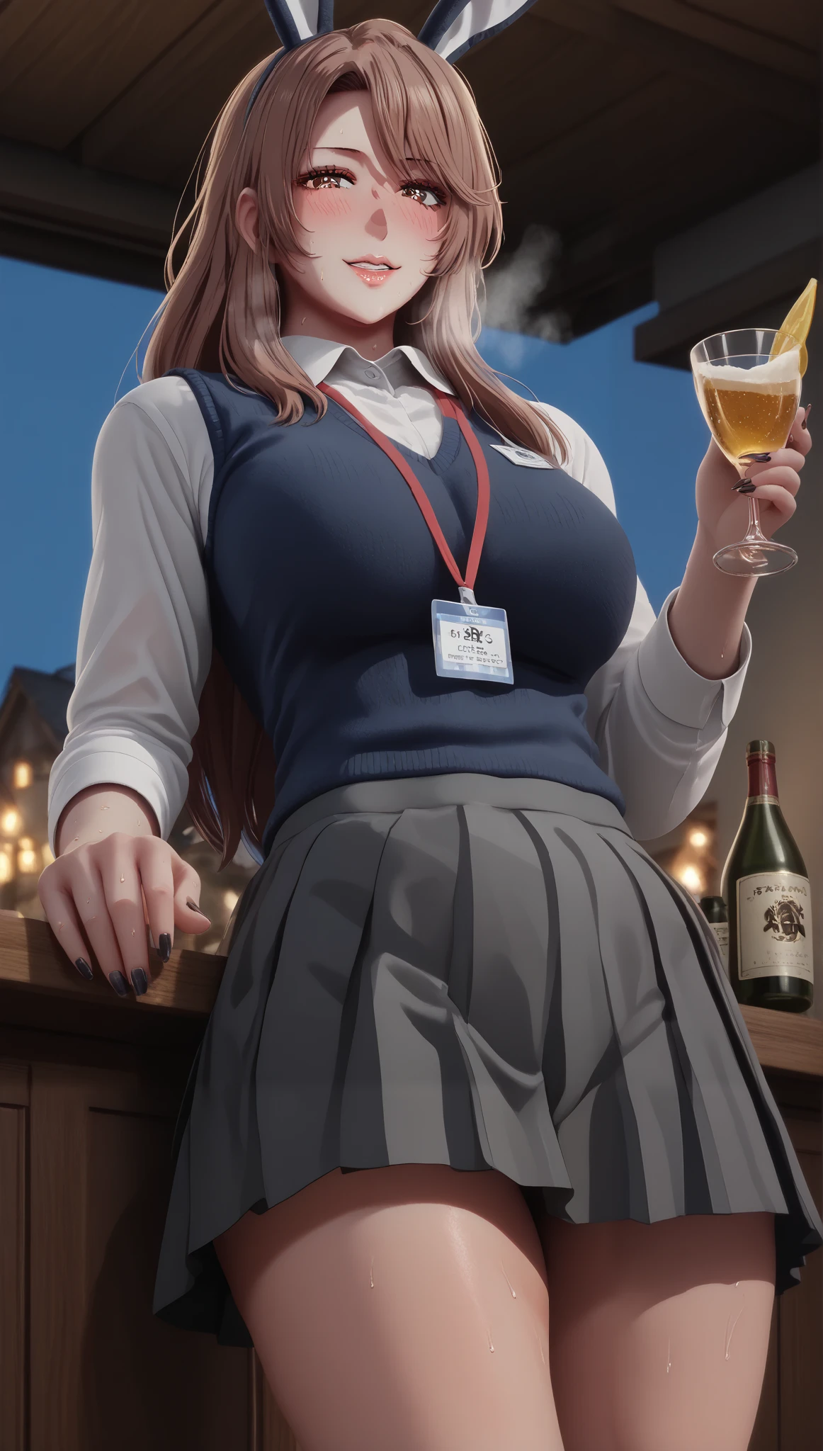 score_9, score_8_up, score_7_up, uncensored, source_anime, miyako saitou, long hair, brown hair, brown eyes, Large breasts, 3d, cgi, (voluptuous:1.3), (thick:1.3), BREAK UHD, retina, masterpiece, accurate, anatomically correct, textured skin, super detail, high details, high quality, award winning, best quality, highres, 4K, black nails, makeup, eyelashes, excessive sweating, sweating, sweating drop, (gasping, heavy breathing:1.3), (skindentation:1.2), perfect eyes, beautiful eyes, eyelashes, makeup, detailed body, perfect body, BREAK, 1girl, breasts, solo, rabbit_ears, animal_ears, large breasts, (haunted house:1.2), fake_animal_ears, looking_at_viewer, smile, alcohol, thighs, blush, drinking_glass, blue_nails, cup, dutch_angle, bottle, parted_lips, from_below, nail_polish, cowboy_shot, thick_thighs, BREAK ruanyi1019, (collared shirt, grey skirt, pleated skirt, sweater vest, lanyard:1.3),