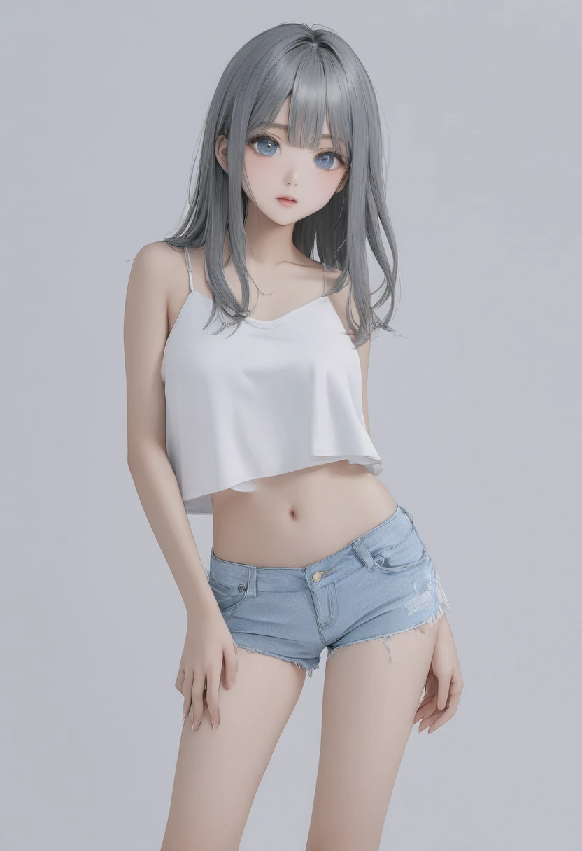 Best, Masterpiece, High Resolution, Best Quality, Ultra HD, Super Detail, Award-Standing, 16k, (Upper Body), Anatomically Correct, Action Pose, Beautiful Maiden, Gray Hair, Hair Strands, ((Heterochromia)), Hanging Eye Corners, Fair Skin, (Small), (Slim Body), ((Denim Clothing)), Stud Earrings, (Neck Ring), Very, Very Very Short Short Glove