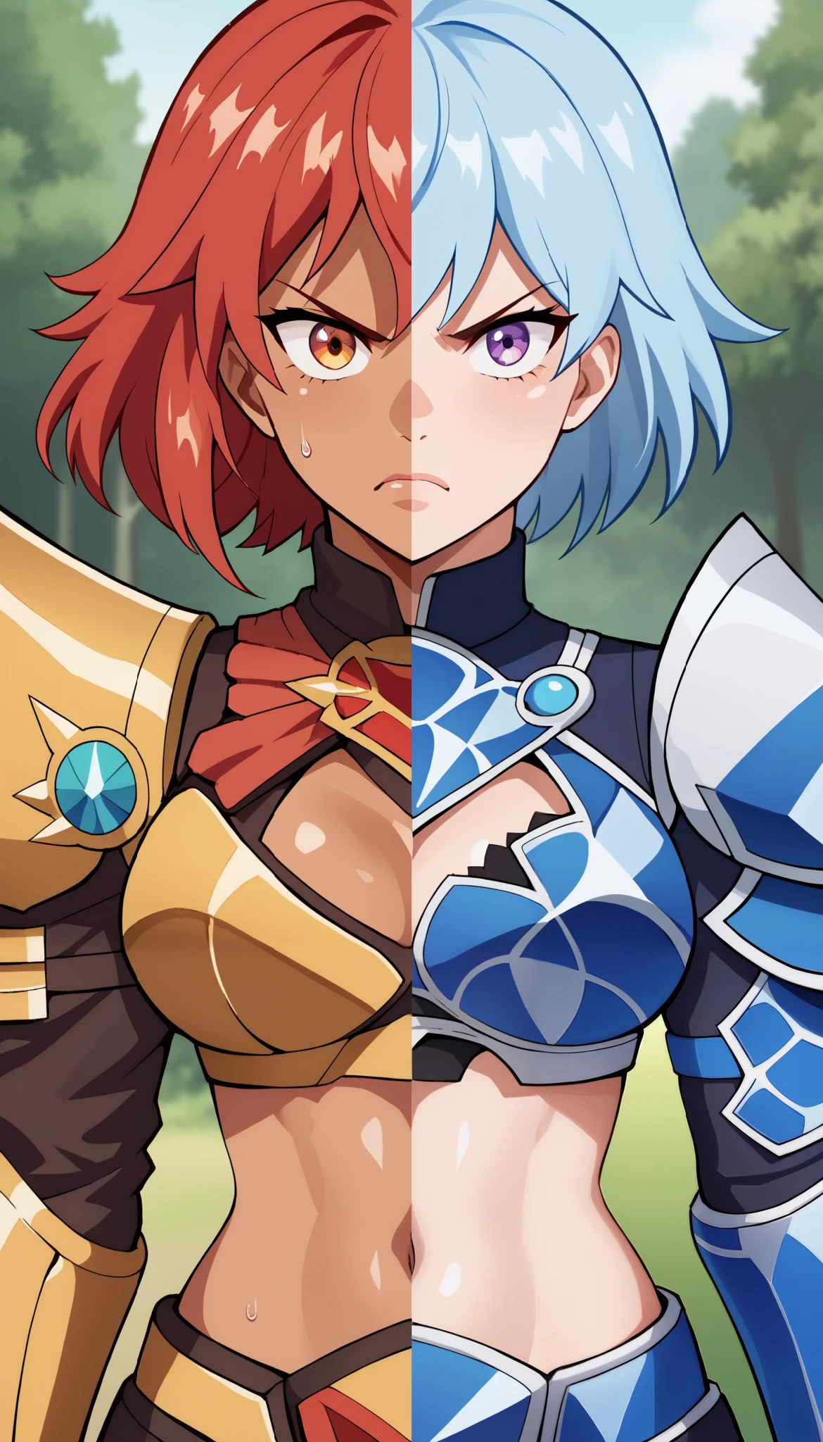 SplitScreen, split screen, line in the middle, masterpiece, best quality, forest background, 1girl, right side, Red hair, Orange eye, Red fire armor outfit, Yellow armored crop top, natural skin, Cleavage, navel, angry expression,
masterpiece, best quality, forest background, 1girl, left side, Blue hair, Violet Eye, Blue ice armor outfit, Dark blue armored crop top, honey skin, Cleavage, navel, angry expression,