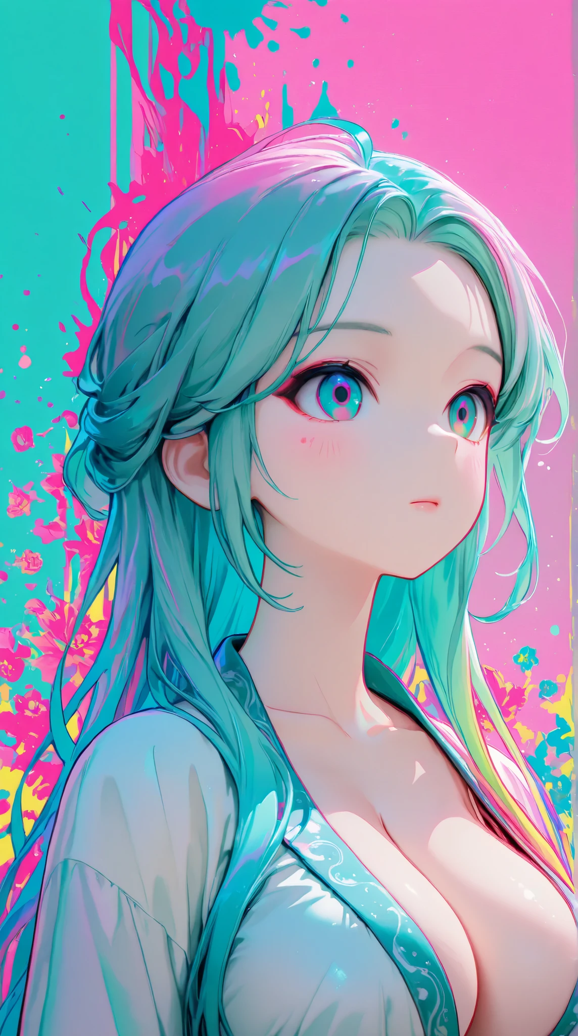 Expressionist artwork image of a young korean girl, long flowing teal hair, colorful, color splash, neon colors, huge breasts, cleavage, plunging neckline, clean background, colorful background, pink background, teal background, colorful wallpaper, floral, portrait,