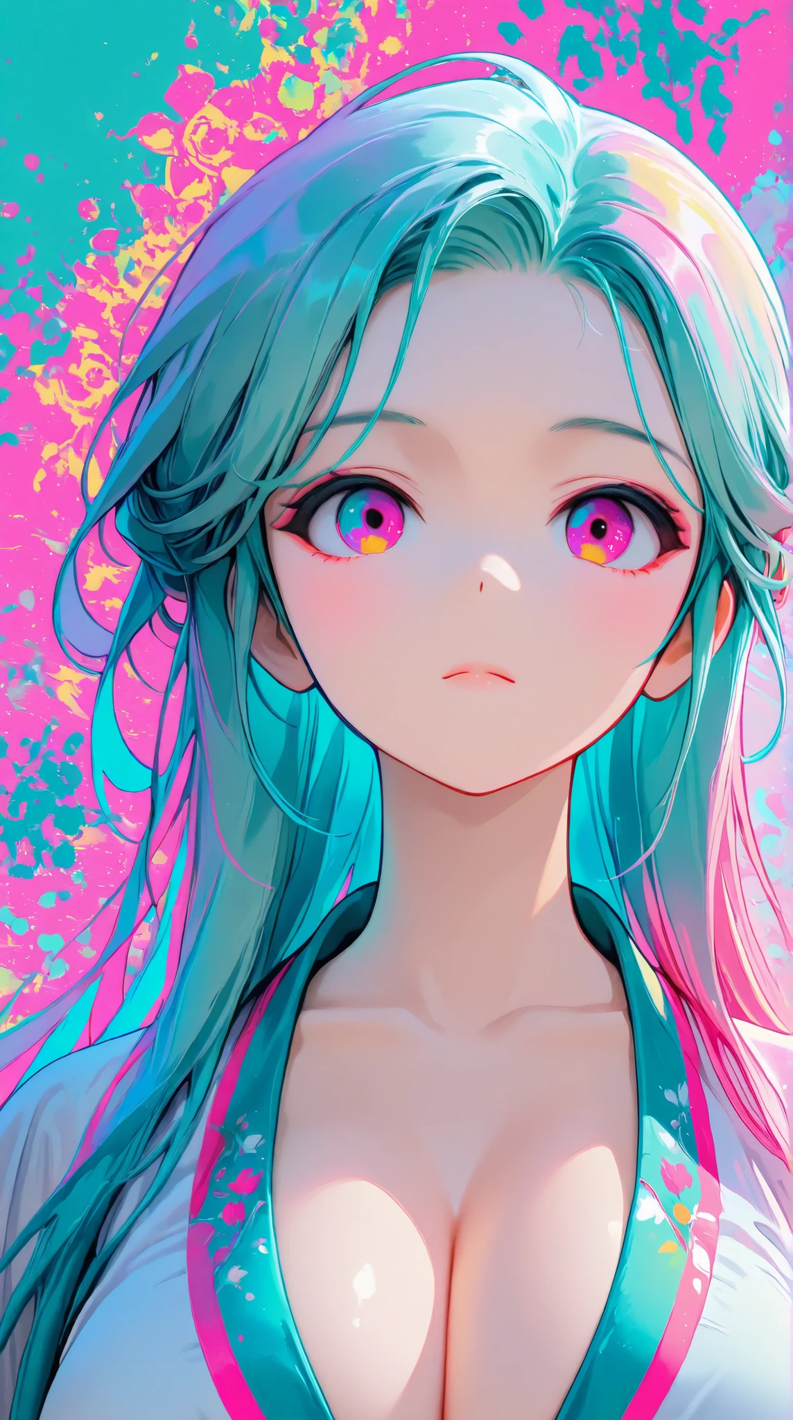 Expressionist artwork image of a young korean girl, long flowing teal hair, colorful, color splash, neon colors, huge breasts, cleavage, plunging neckline, clean background, colorful background, pink background, teal background, colorful wallpaper, floral, portrait,