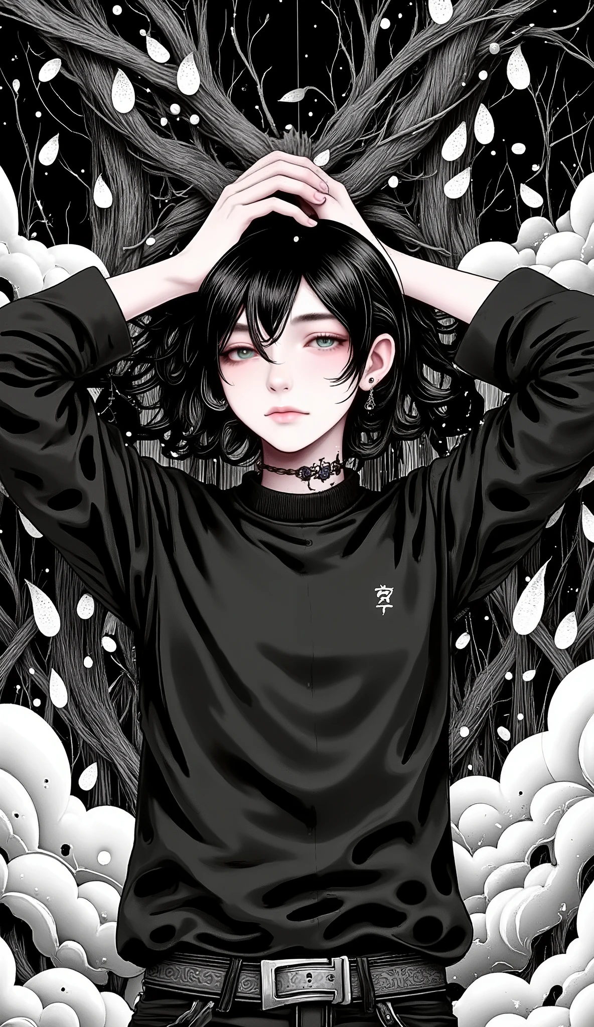 General plan full body away from the camera:1.5,  A handsome boy manga anatomically correct ,   full body , Plan General :1.5,  creepy hair   , Perfect centralization   , (franco)by Donnie   ,   standing position   , abstract beauty:1.4, centered,   looking at the camera   medio perfil,   looking at the camera   ,   Approaching perfection   , sad,   desperation  ,   full body ,   hands on the head  , dynamic,   , seeds, sharp focus, 8K,   high definition resolution  ,   line art illustration   ,   abstract black and white   :1.3,    The Art of Meat by Griffiths and Wadim Kashin  ,   Black background