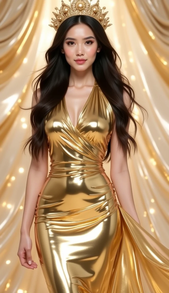 Ultra realistic, Cinematic, portrait of Arabic beautiful 22 years old woman, big smile, petite body, full body,pale skin, beautiful face, detailed face, hip is cocked and wide, long sleeves embossed pattern sequin mermaid dress, dancing, dancing stage, stage lights, ((looking at viewer:1.4)),((face towards me))