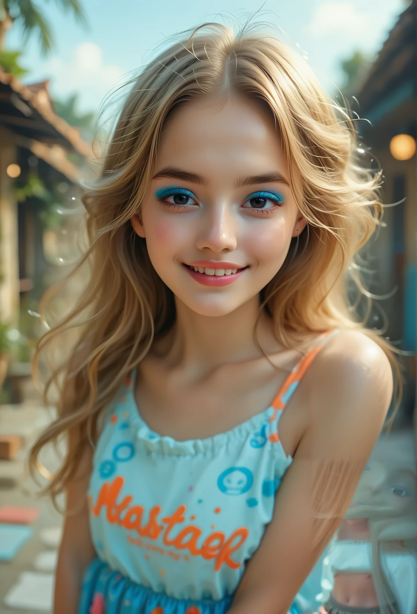 score_9, score_8_up, score_7_up, score_6_up, score_5_up, score_4_up, best quality, masterpiece, (((black eyes))), detailed eyes, 1woman, Tatar beautyl, BREAK
Medium breast, small hips:1.5, 22yo, faint smile, long blonde hair,
makeup, pale blue eyeliner and eyeshadow, lipgloss, geometric,
AR-Enabled Top × 3D-Printed Skirt: A futuristic style combining an AR-design-shifting top with a customizable 3D-printed skirt,