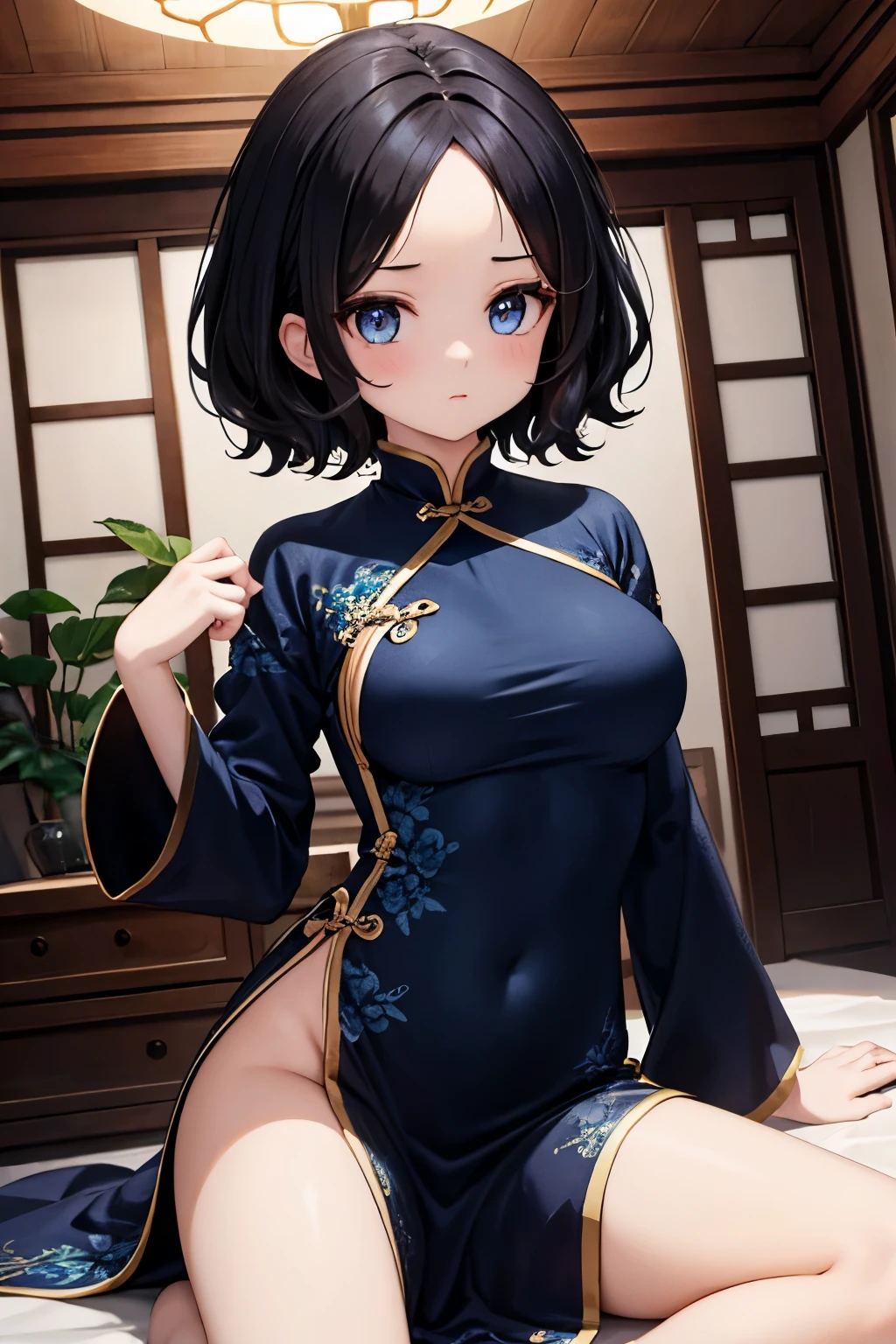 ((best quality)), ((masterpiece)), (details), 1 girl, big breasts, tight blue cheongsam, tall, whole body, long hair, blue eyes, Kurokawa Akane, Dark blue dress, sitting on the bed, smiling, eyes shining, 