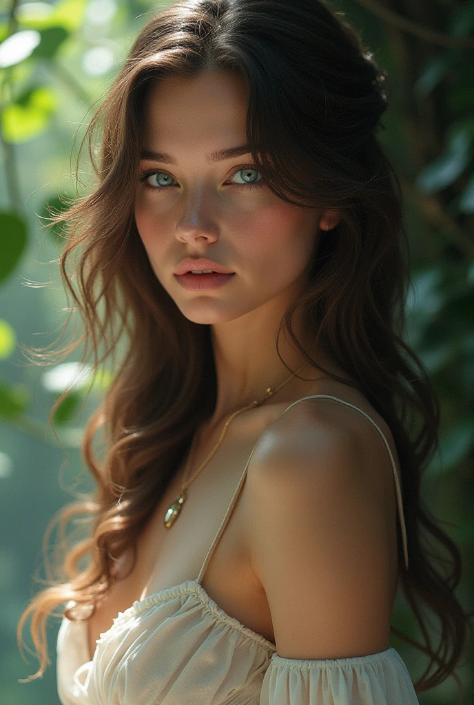 Portrait of a European woman with a meticulous, attractive, and gentle face. She has an oval face with seductive green eyes that are slightly widened, adding to her allure. Her eyes carry a slightly sad yet gentle expression. Her long straight hair is dyed green, framing her face in a frontal view. Her complexion is subtle and pale, complementing her symmetrical features. She exudes a serene charm, dressed in a seductive silk nightgown