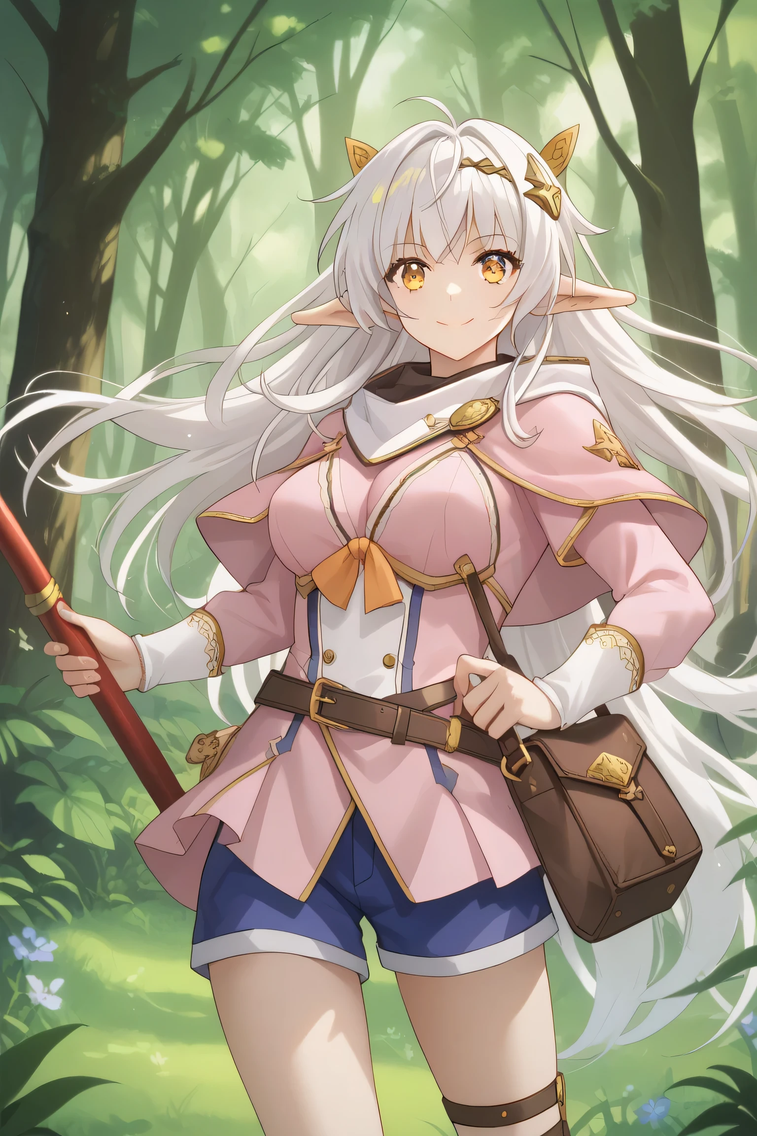 Ai shindou, masterpiece, Best Quality, dark Elf, brown color body, long hair, floating hair, white hair, amber eyes, deeper eyes, elf ears, hoods, pink clothes, orange lightly tunic, gloves, Belt bag, blue shorts, Cowboy Shot, cute smile, forest, Looking at Viewer,Hold spear in hand