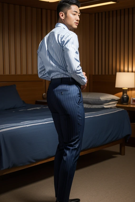 40-year-old boy ,Korean bulky male officer ,Wear navy blue police uniform shirt................ pinstripe navy blue smooth tight trouser, pants obvious print ,((unrealistic super big tight wearing pants)), on shoulder, POV, men drooling ,8K,Cinematic lighting effects,Textured skin,best qualtiy