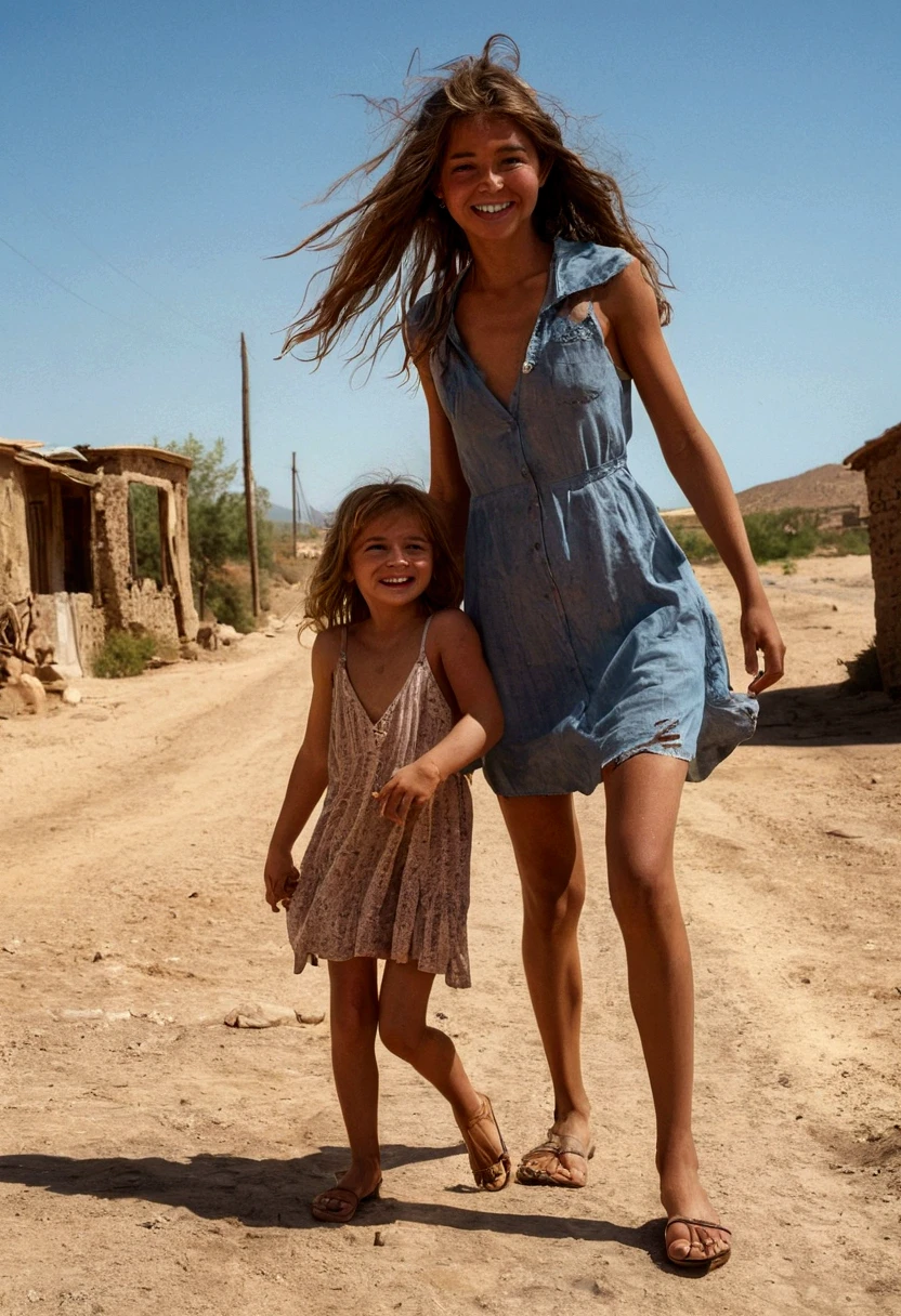Skinny family with childs blonde-redhead in light summer dress happy to play with animaux off "aquarium de la Rochelle"