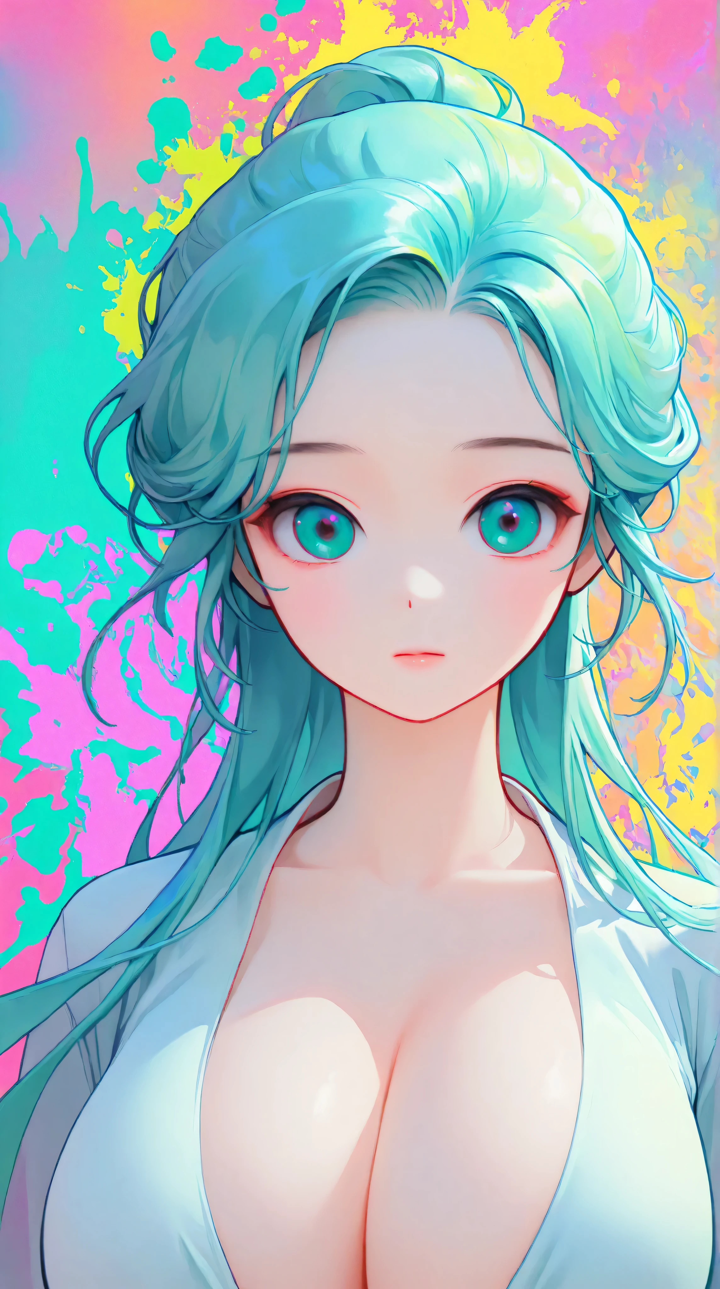 Expressionist artwork image of a young korean girl, long flowing teal hair, colorful, color splash, neon colors, huge breasts, cleavage, plunging neckline, clean background, colorful background, pink background, teal background, colorful wallpaper, floral, portrait,