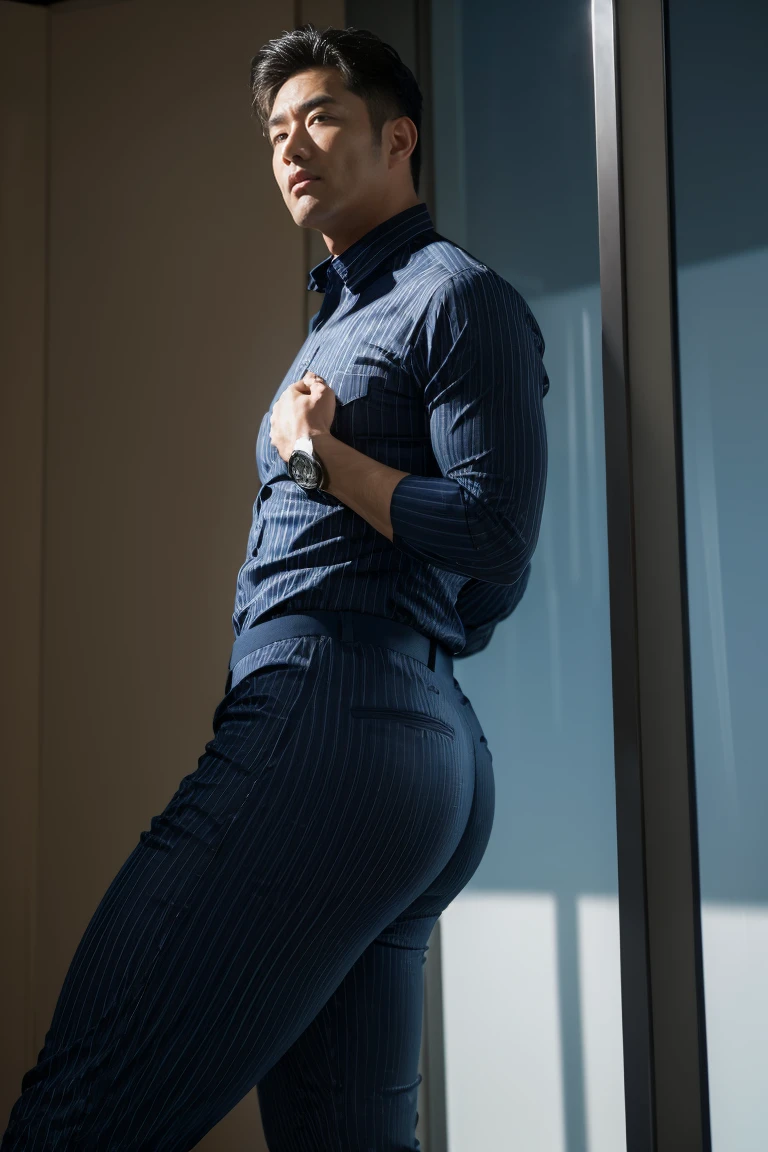 40-year-old boy ,Korean bulky male officer ,Wear navy blue police uniform shirt................ pinstripe navy blue smooth tight trouser, transparent pants obvious underwear print ,((unrealistic super big tight butt wearing pants)), legs wide open, legs on shoulder, missionary POV, men drooling