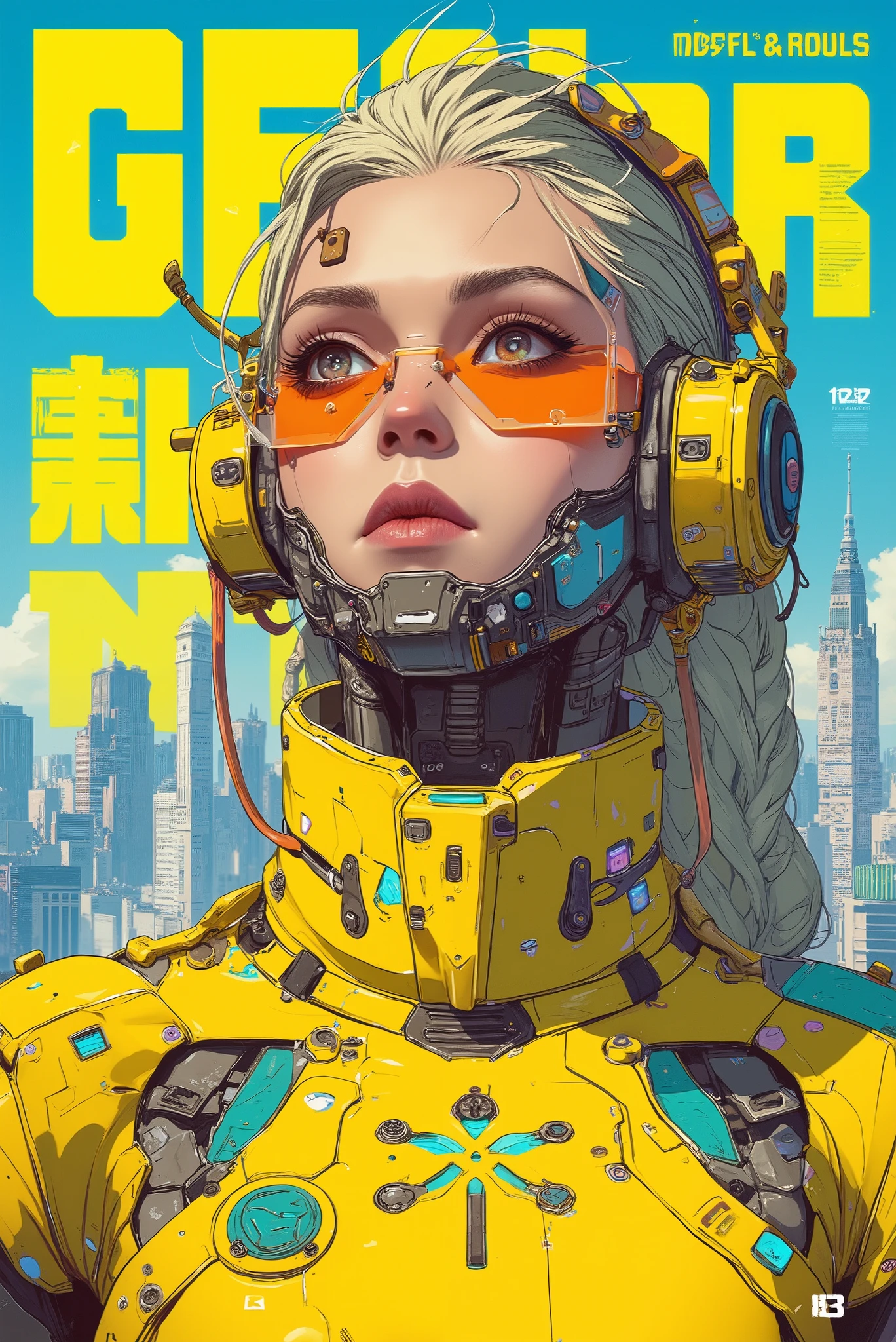 masterpiece, highest quality, jinx arcane Cyberpunk girl, Pop costumes inspired by Harajuku, yellow Bold colors and patterns, eye-catching accessories, Trendy and innovative hairstyles, bright makeup, Cyberpunk dazzling , yellow is noticeable,skyscraper,  Bright and vivid color scheme, anime, figure, fine skin texture, fine cloth texture, beautiful detailed face, intricate details, Super detailed. japanese poster , nft
