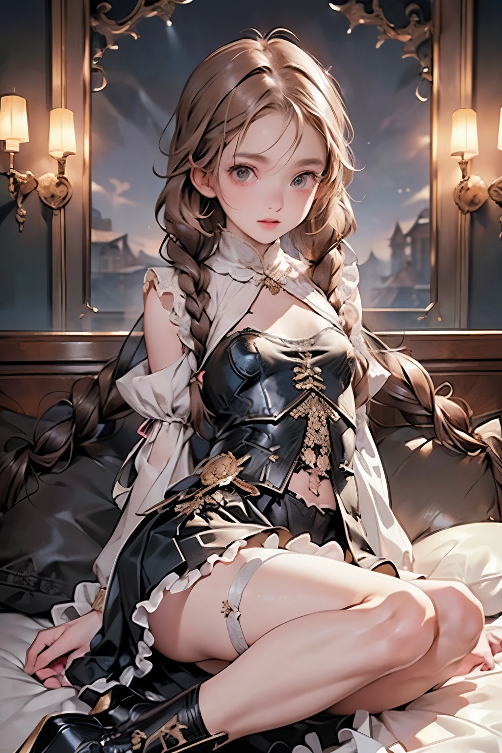 (( best quality )), ((Masterpiece)), ( Details), 1 girl, (Large forehead:1.2),extremely Details cute anime face, ((( flat chest))), ( flat chest:1.1),(((( Long Twin Tails , stuck braid , long braids , braid hair, long hair)))),Complex eyes,beautiful Details eyes, symmetrical eyes,((( Details face))),beautiful Details lips, dynamic pose, Look at this, Resolved, Determination, high resolution,( best quality ),(ultra Details,extremely Details), PERFECT FACE IN DETAILS details, ((Masterpiece:1.4, best quality ))+, (ultra Details)+, Long Twin Tails , cute girl, ( flat chest:1.1), small breasts, slim body, skinny, Prominent clavicle , skinny arms, Flat stomach, Visible hip bones, long hair, Red Hair, Gray Hair, Blonde, dark haired, ponytail laughing at ejaculation, thick ponytail laughing at ejaculation, heavy ponytail laughing at ejaculation, small breasts, PERFECT FACE IN DETAILS, small breasts ( flat chest:1.1), Detailed body,完全な肢body, ( flat chest:1.1), (Skeleton-shaped armor:1.3), horrible, Nightmare, cosmic horror , Heavenly Knight, Red and white outfit, occult aesthetic, occult, Details and intricate steampunk and Details gothic, Fluttering lace flared long Knee-length dress with frilly petticoats, Knee-length dress, Pleated petticoat, Petticoat Gothic, Intricate lace boots, gothic style , wield a powerful sword with mechanical parts, Mandala, full body, whole body, body, chain on hand,