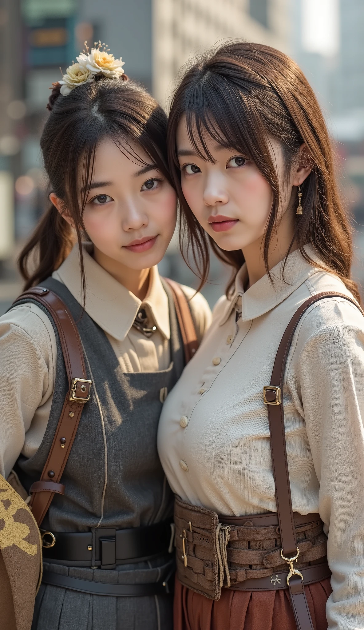 nsfw,Japan Person, 2girl with fun , japan famous actress, very young face, masterpiece, high quality, head tilt, taisho period,steampunk, narrow shoulder width,looking at viewer, small face,leaning forward,smile with closing mouth, (super gigantic breasts:1.2),army costumes