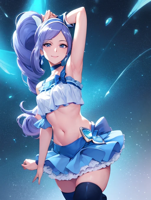 masterpiece, Highest quality, Show Viewer, , (belly button出し:1.2),,smile,arms behind back
One Girl, (Cure Berry:1.1), Pretty Cure, Wrist cuff, Blue Skirt, Side Ponytail, Blue Boots, gem, hair band, Navy Knee Socks, belly button, Blue Ribbon,