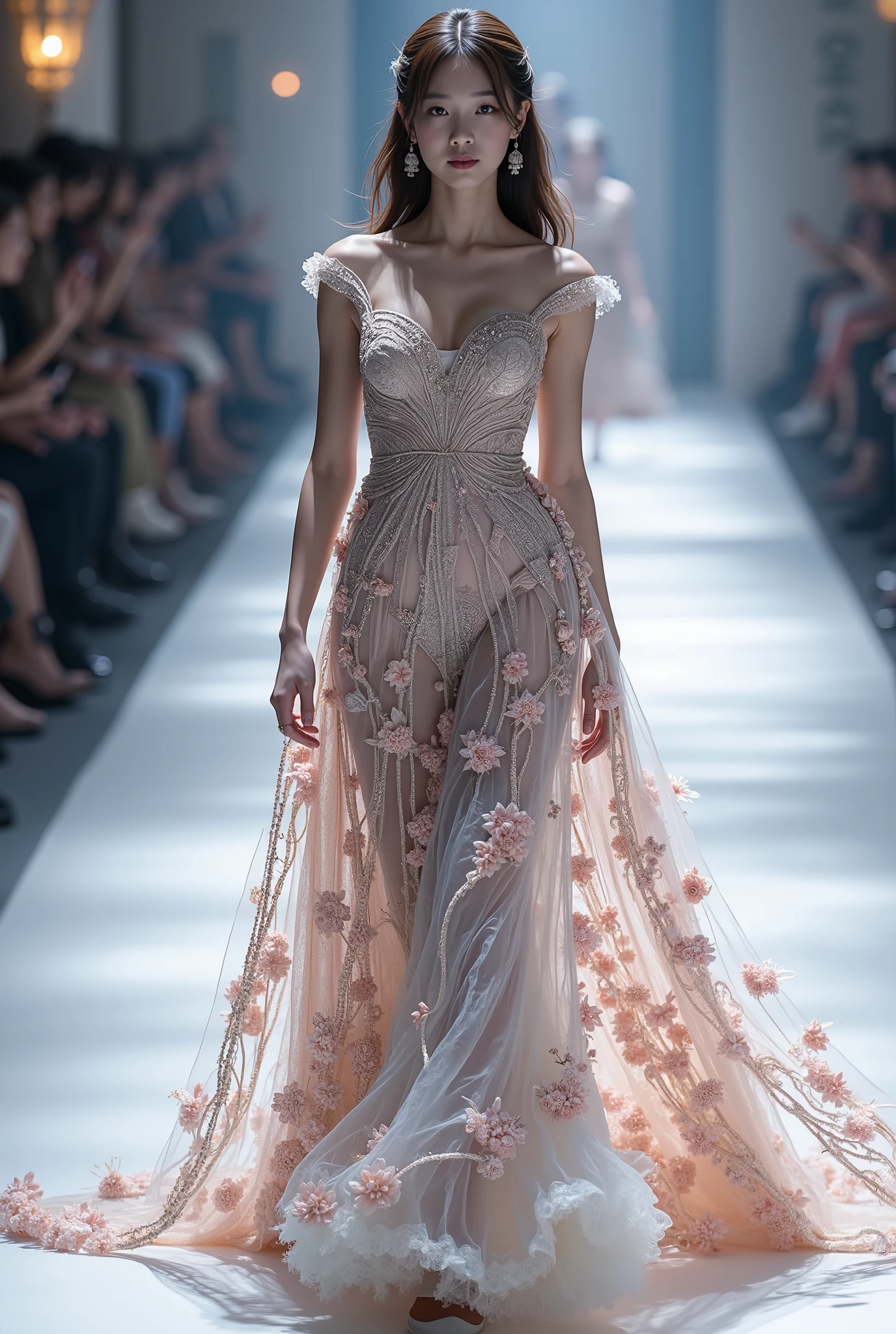 (8k, Top quality, Masterpiece), ( realistic , photo realistic : 1.37), tall Highly detailed , One Girl , {Top Idol Walking the Runway } Very delicate depiction 、 realistic要素と幻想的要素を組み合わせた複雑な模様ドレス 、World of Reality and Illusion