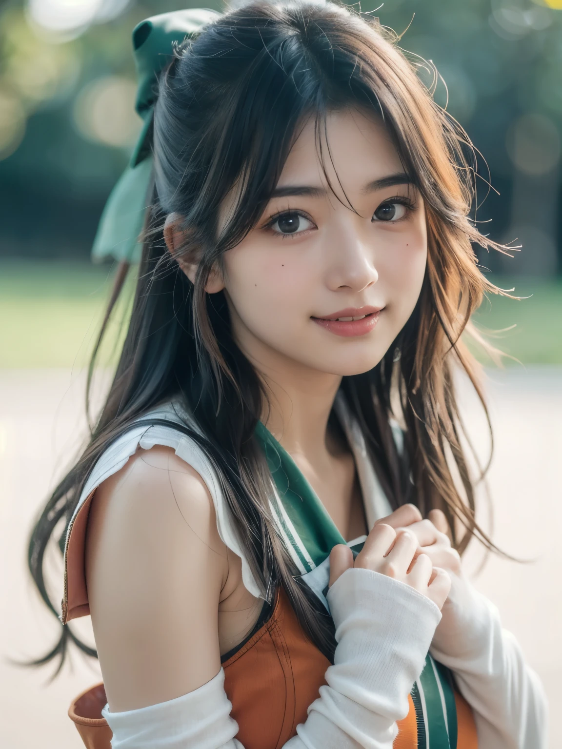 Photorealistic, masutepiece, Best Quality, Raw photo, 1girl in, Solo, Twin-tailed, Brown hair, Detailed face, alluring face, evil smile、耳环、a choker、Neon Shirt、Open jacket、croptop, medium breasts, Dynamic Pose, Looking at Viewer, From below, Detailed background, fine detailed, intricate detailes, Ray tracing, depth of fields, lowkey, nffsw