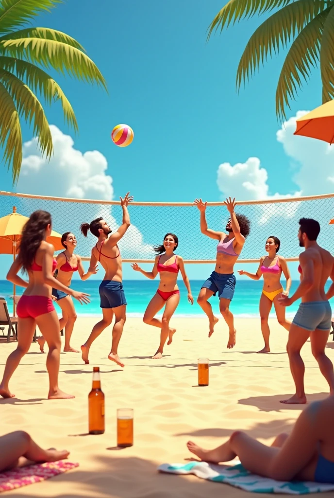 A man playing ball in Brazil on the beach with women in bikinis