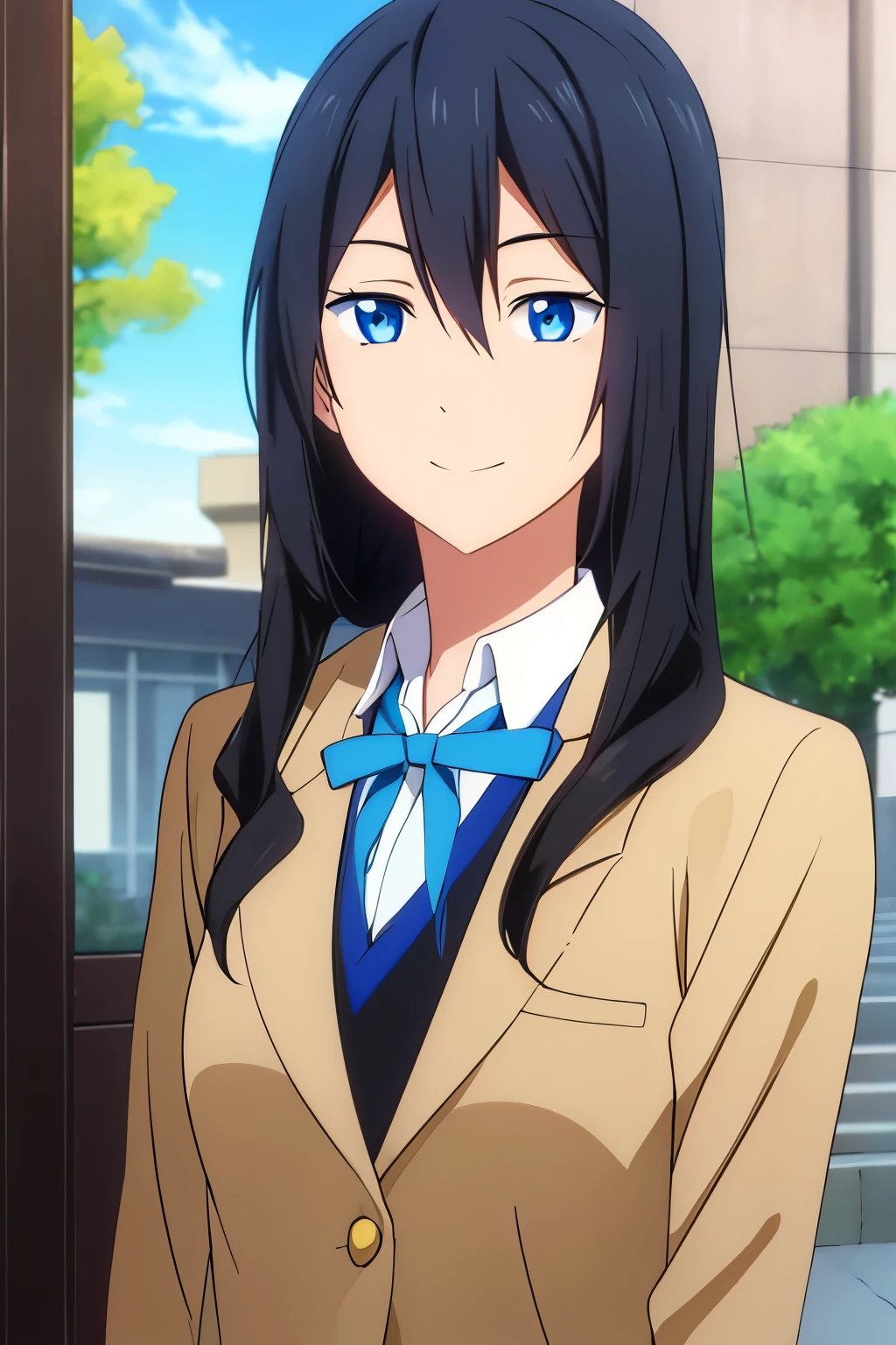 high quality, definition, light smile, a university student, long black hair, blue eyes, wears everyday clothes, has a simple manner but a mature personality, detailed, defined, character sheet full - len, Ficha de personagem em tamanho completo,