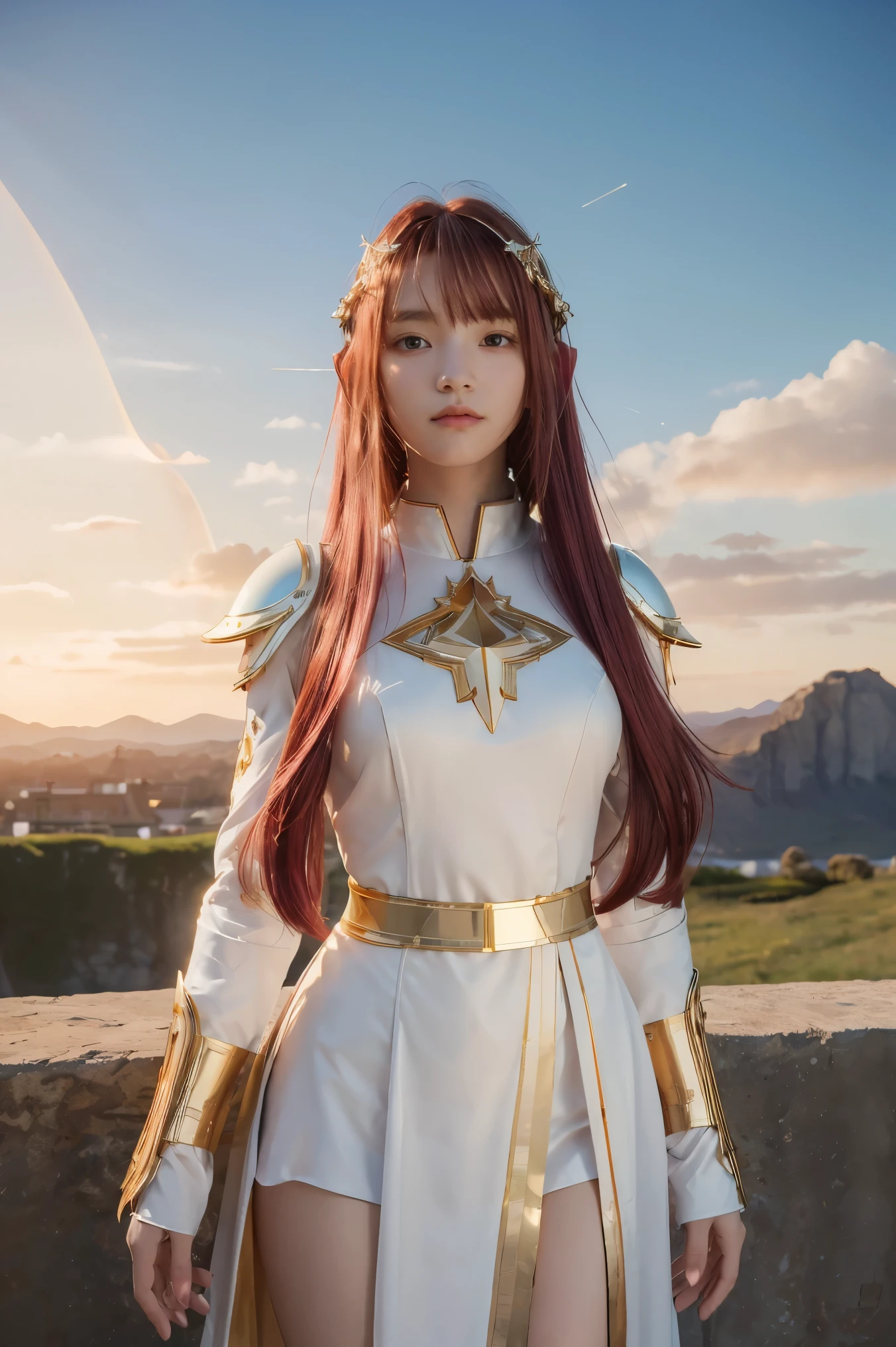 ((masterpiece, best quality, extremely detailed), volumetric lighting, ambient occlusion, colorful, glowing), 1girl, solo, young girl, (maroon hair with bangs), long hair, halo, aura, sacred, goddess, cleric suit, (white outfit with gold detailst:1.3), armor, outdoors, sunset, sky, clouds, space, (fantasy theme:1.2),