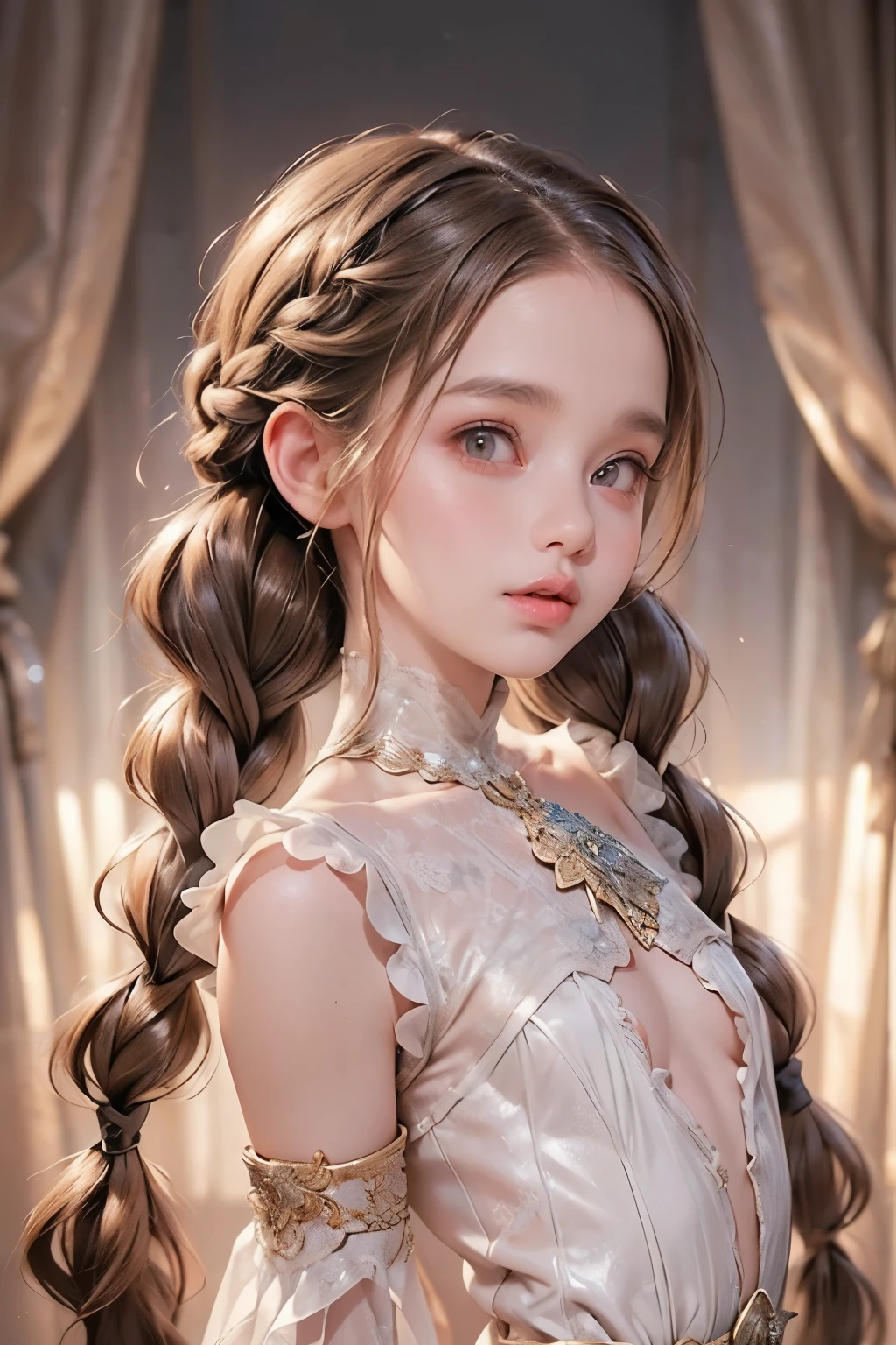 (( best quality )), ((Masterpiece)), ( Details), 1 girl, (Large forehead:1.2),extremely Details cute anime face, ((( flat chest))), ( flat chest:1.1),(((( Long Twin Tails , stuck braid , long braids , braid hair, long hair)))),Complex eyes,beautiful Details eyes, symmetrical eyes,((( Details face))),beautiful Details lips, dynamic pose, Look at this, Resolved, Determination, high resolution,( best quality ),(ultra Details,extremely Details), PERFECT FACE IN DETAILS details, ((Masterpiece:1.4, best quality ))+, (ultra Details)+, Long Twin Tails , cute girl, ( flat chest:1.1), small breasts, slim body, skinny, Prominent clavicle , skinny arms, Flat stomach, Visible hip bones, long hair, Red Hair, Gray Hair, Blonde, dark haired, ponytail laughing at ejaculation, thick ponytail laughing at ejaculation, heavy ponytail laughing at ejaculation, small breasts, PERFECT FACE IN DETAILS, small breasts ( flat chest:1.1), Detailed body,完全な肢body, ( flat chest:1.1), (Skeleton-shaped armor:1.3), horrible, Nightmare, cosmic horror , Heavenly Knight, Red and white outfit, occult aesthetic, occult, Details and intricate steampunk and Details gothic, Fluttering lace flared long Knee-length dress with frilly petticoats, Knee-length dress, Pleated petticoat, Petticoat Gothic, Intricate lace boots, gothic style , wield a powerful sword with mechanical parts, Mandala, full body, whole body, body, chain on hand,