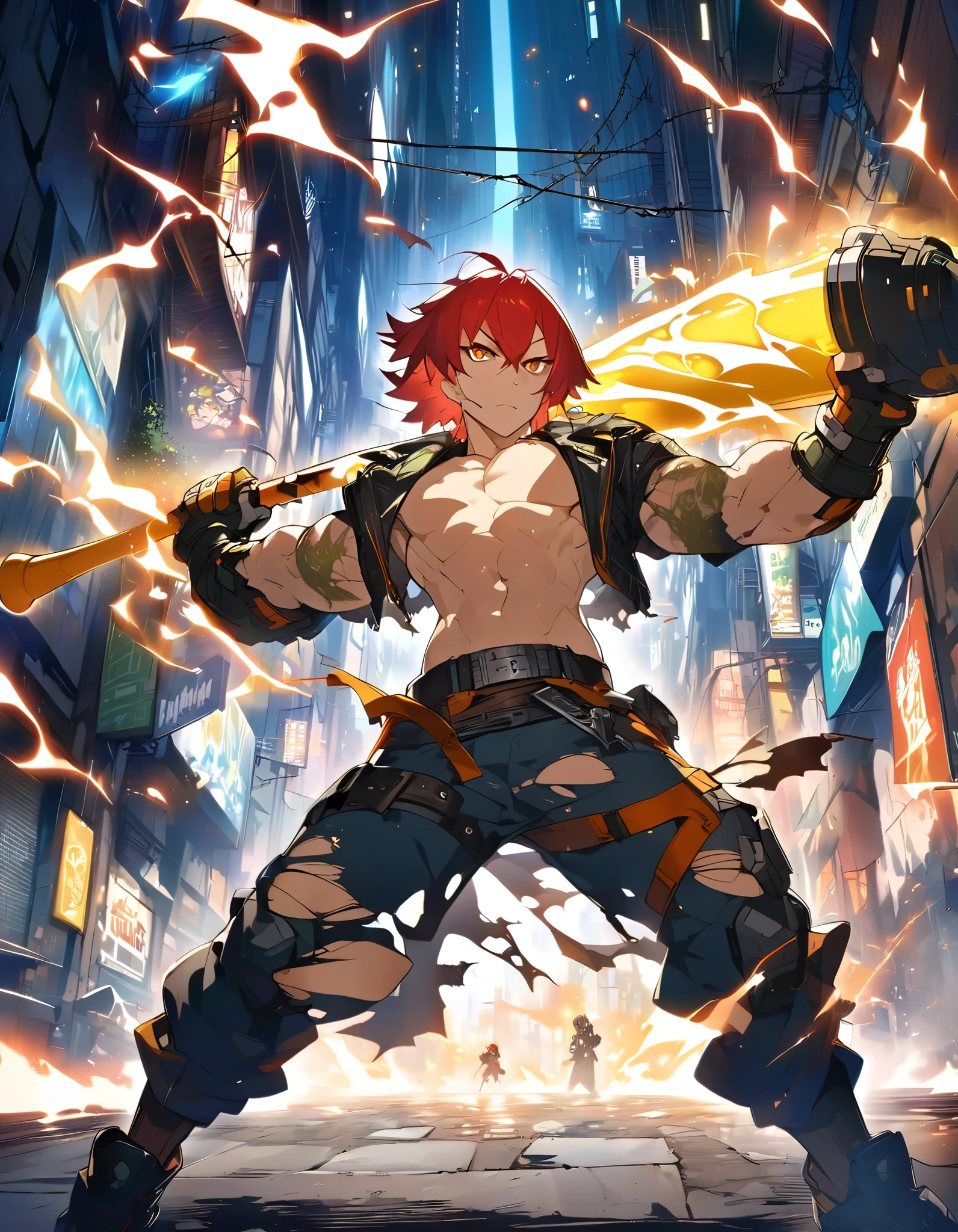 shirtless red-haired fighter character with torn leather jacket showing strong arms wearing a fighter's belt holding a baseball bat with barbed wire
energized with magical mystical power of a yellowish-gold color. in the alley of a street in an urban center of a futuristic city. anime art.