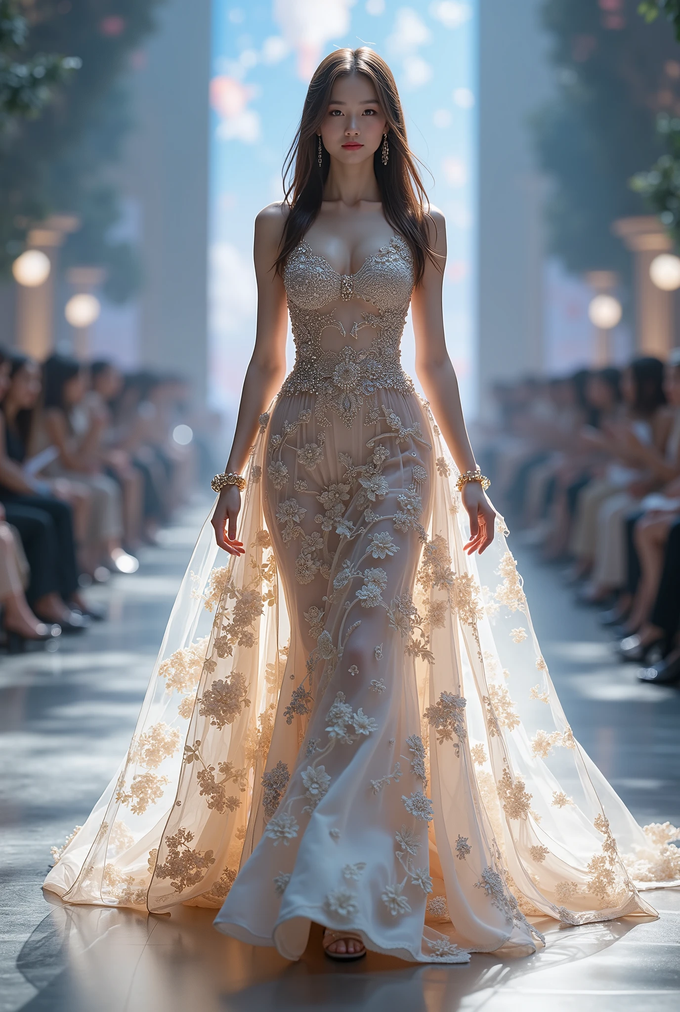 (8k,      Top quality, Masterpiece), (       realistic   , photo       realistic   : 1.37),        tall Highly detailed    ,          One Girl     , {Top Idol Walking the Runway } Very delicate depiction     、    realistic要素と幻想的要素を組み合わせた複雑な模様ドレス  、World of Reality and Illusion