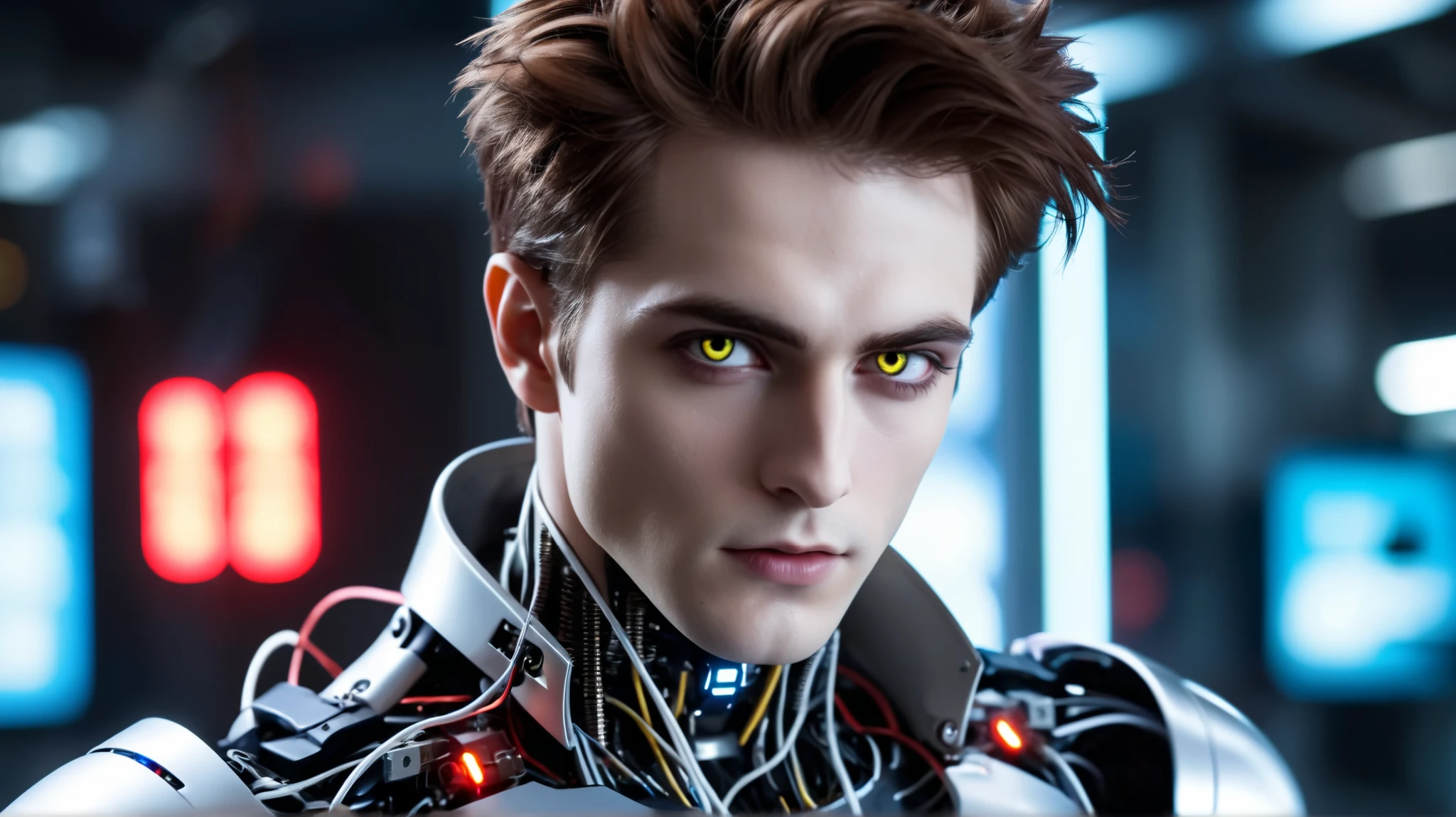 epic cyberpunk android young male model Edward Cullen robot, silver eyes, wires in the nec and circuits (perfectly-lit, crisp focus, absurdres, 8k UHD, HDR, vivid color, depth of field, contrast, clarity, balance)