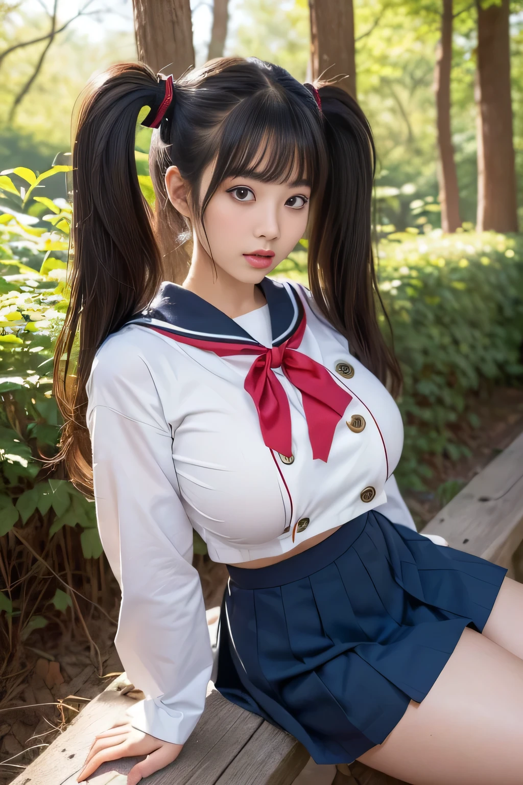 Japanese high school girl ( best quality )(Masterpiece)( high detail )( very detailed )( Ultra high resolution)(Random Face)( Taken with waist up )( Typical Japanese high school girl sailor suit , big breasted のリボン)( dark blue pleated skirt ,White school uniform for summer )( audience )( photographed in the woods )( anatomically accurate face )( perfect japanese erotic high school senior face )(A face that seduces men:1.3)( heavy makeup)(( neatly tied twin tails ))( Ridiculously extreme super long hair is a long straight twin tail hairstyle )( Long straight twin tails that grow below the waist :1.2)( Her twin tails are straight and not tied )( Long Hair That Grows to the Waist !!!!!!)( beautiful straight hair !!!)( Her bangs are neatly aligned , STRAIGHT BANG )(blunt bangs !!!)( shiny hair)(deep dark hair )(Big Hair:1.3)( The knots on her twin tails have a cute bow )( she has Asian eyes )( she has sexy Asian eyes )(Her mouth is big!!!)( she sits down and sandwiches her male genitals between her big breasted )( big breasted :1.6)( anatomically correct nipples )( her nipples are dark brown )( her body is plump )()()