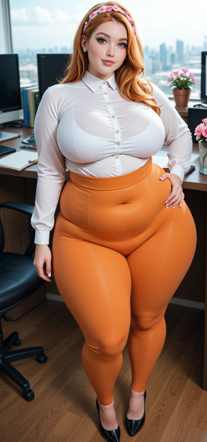 An happy and excited photo of a Beautiful ginger architect SSBBW, with long wavy light Brownish-ginger hair, with big soft fat belly, thicc fat arms, thicc wide legs, big breast, in black pants, long black shirt tucked in her pants, black belt and black blouse in her new modern architect office with a lot of building models and house blueprints