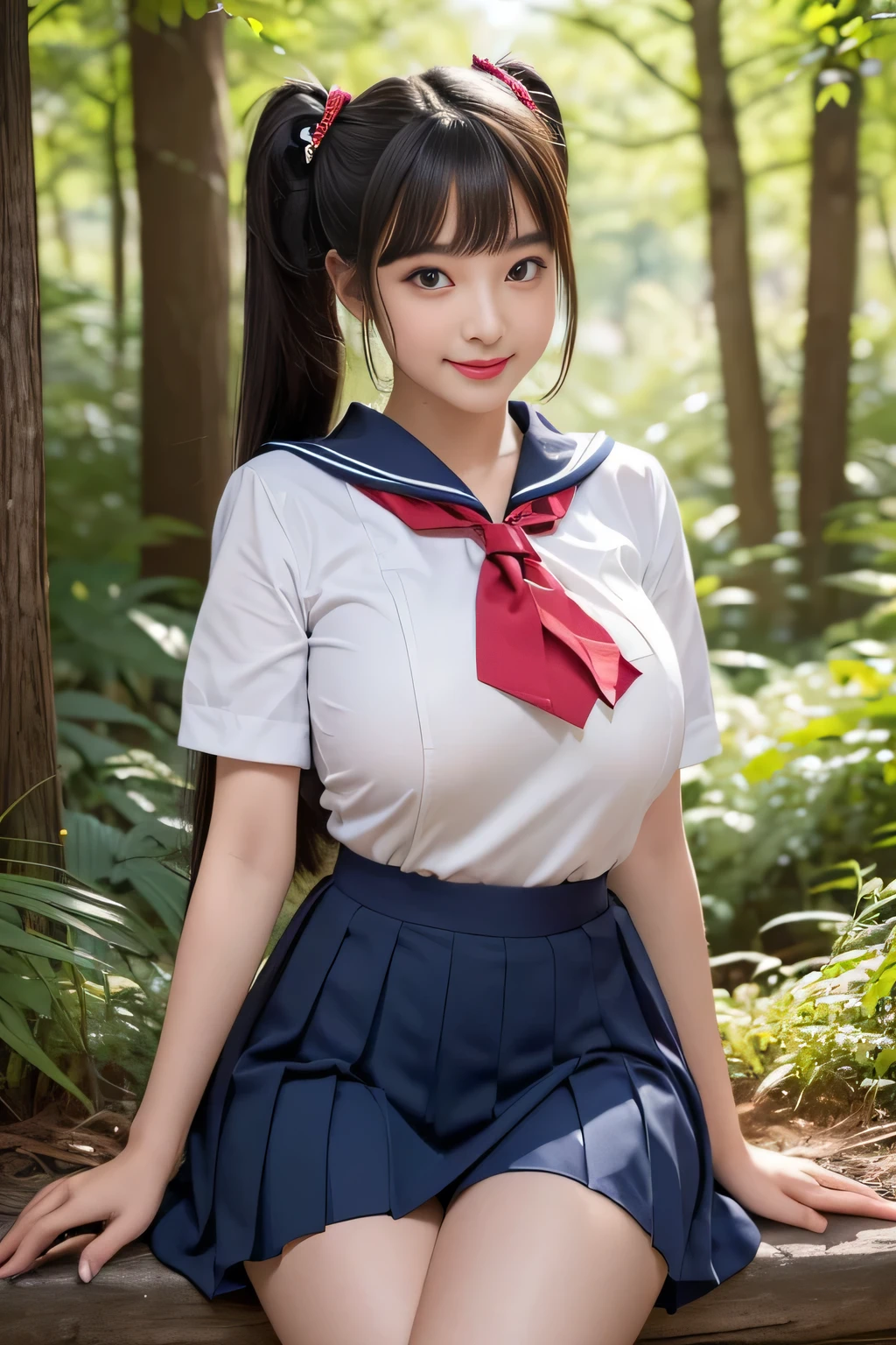 Japanese high school girl ( best quality )(Masterpiece)( high detail )( very detailed )( Ultra high resolution)(Random Face)( Taken with waist up )( Typical Japanese high school girl sailor suit , big breasted のリボン)( dark blue pleated skirt ,White school uniform for summer )( audience )( photographed in the woods )( anatomically accurate face )( perfect japanese erotic high school senior face )(random happy expression:1.3)( heavy makeup)(( neatly tied twin tails ))( Ridiculously extreme super long hair is a long straight twin tail hairstyle )( Long straight twin tails that grow below the waist :1.2)( Her twin tails are straight and not tied )( Long Hair That Grows to the Waist !!!!!!)( beautiful straight hair !!!)( Her bangs are neatly aligned , STRAIGHT BANG )(blunt bangs !!!)( shiny hair)(deep dark hair )(Big Hair:1.3)( The knots on her twin tails have a cute bow )( she has Asian eyes )( she has sexy Asian eyes )(Her mouth is big!!!)( she sits down and sandwiches her male genitals between her big breasted )( big breasted :1.6)( anatomically correct nipples )( her nipples are dark brown )( her body is plump )()()
