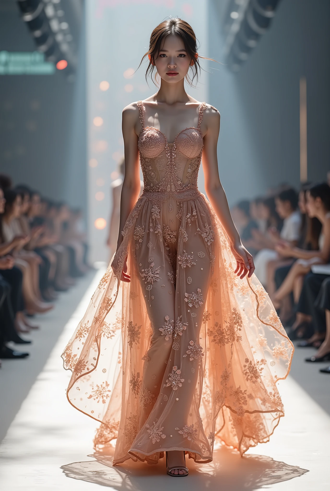 (8k,      Top quality, Masterpiece), (       realistic   , photo       realistic   : 1.37),        tall Highly detailed    ,          One Girl     , {Top Idol Walking the Runway } Very delicate depiction     、    realistic要素と幻想的要素を組み合わせた複雑な模様ドレス  、World of Reality and Illusion